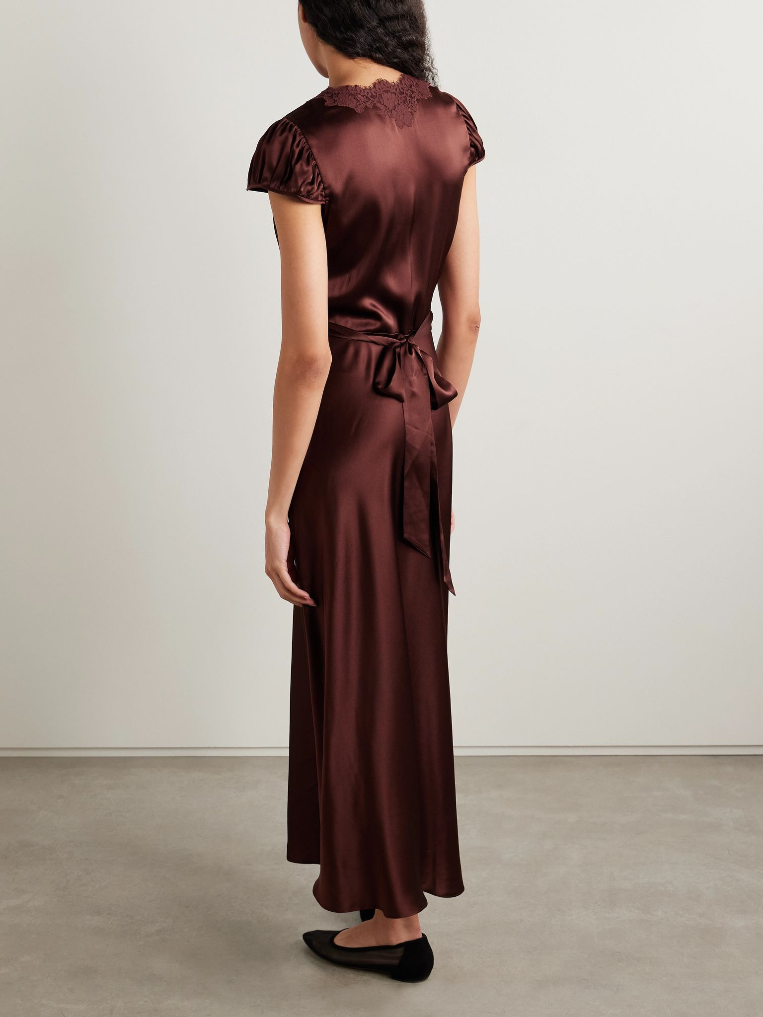 Coraline corded lace-trimmed silk-satin maxi dress Brown - 3