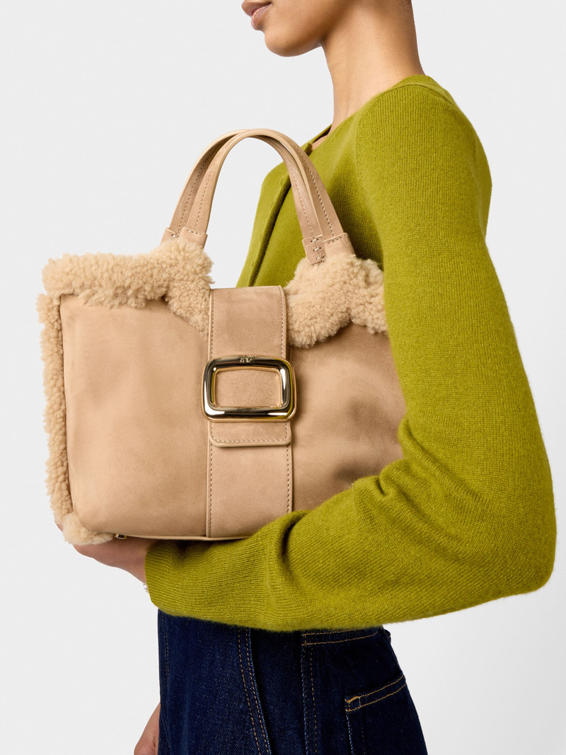 Viv' Choc Shopping Bag in suede and shearling 10