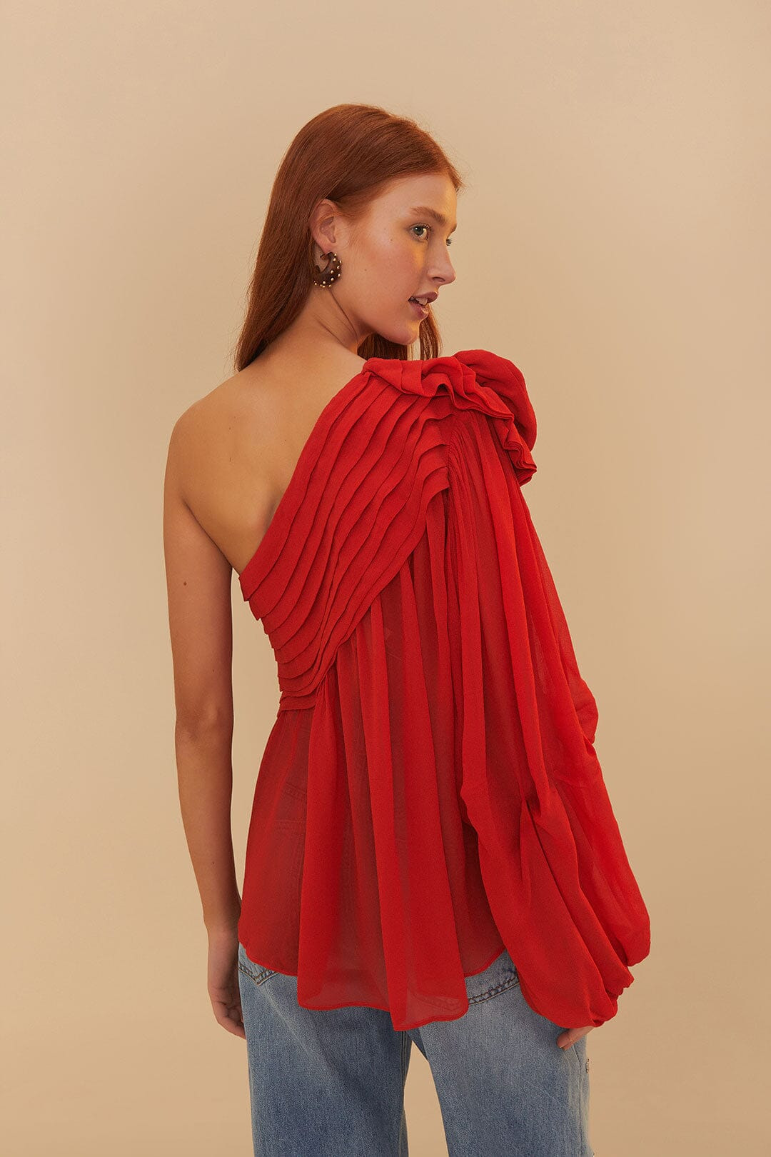 Red Rose Puff Sleeve One-Shoulder Blouse - 4