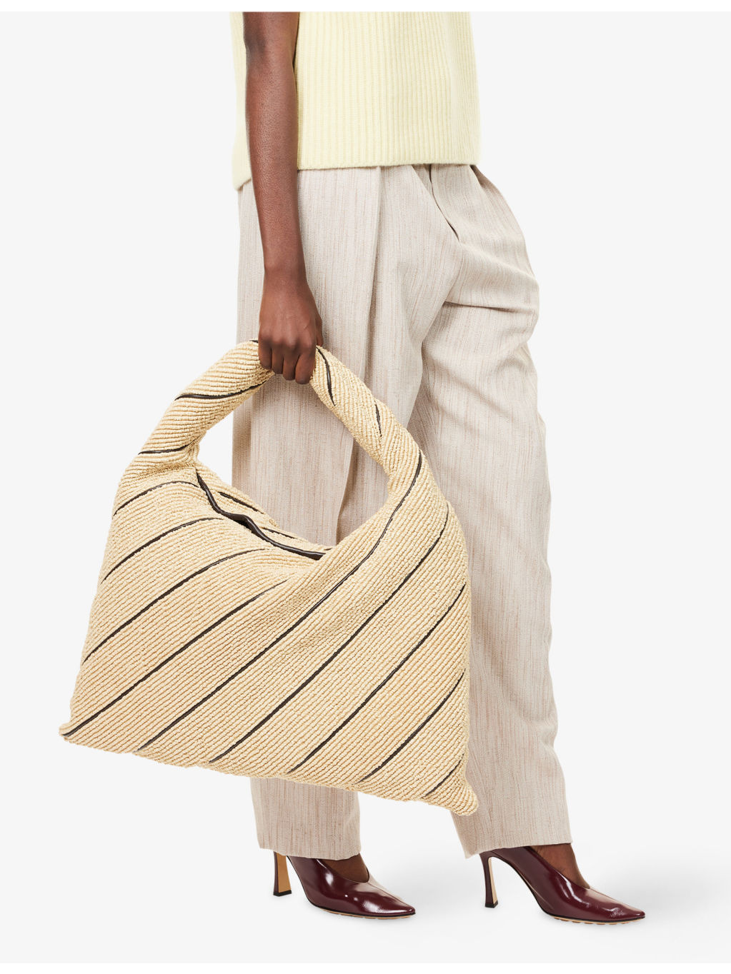 Large Leather-Trim Raffia Shoulder Bag - 3
