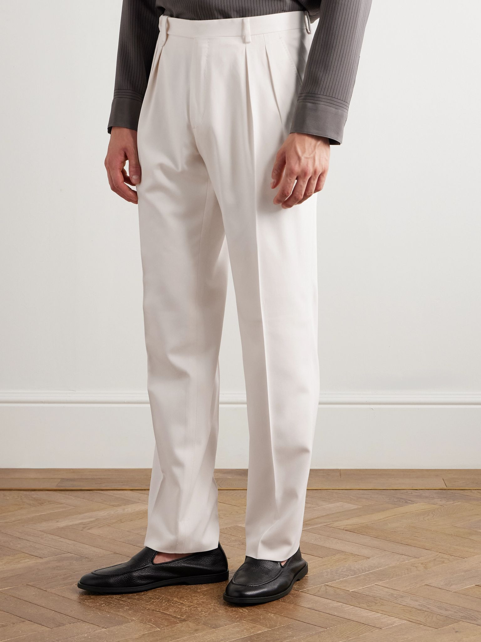 Tapered Pleated Silk-Twill Trousers Off-white - 3