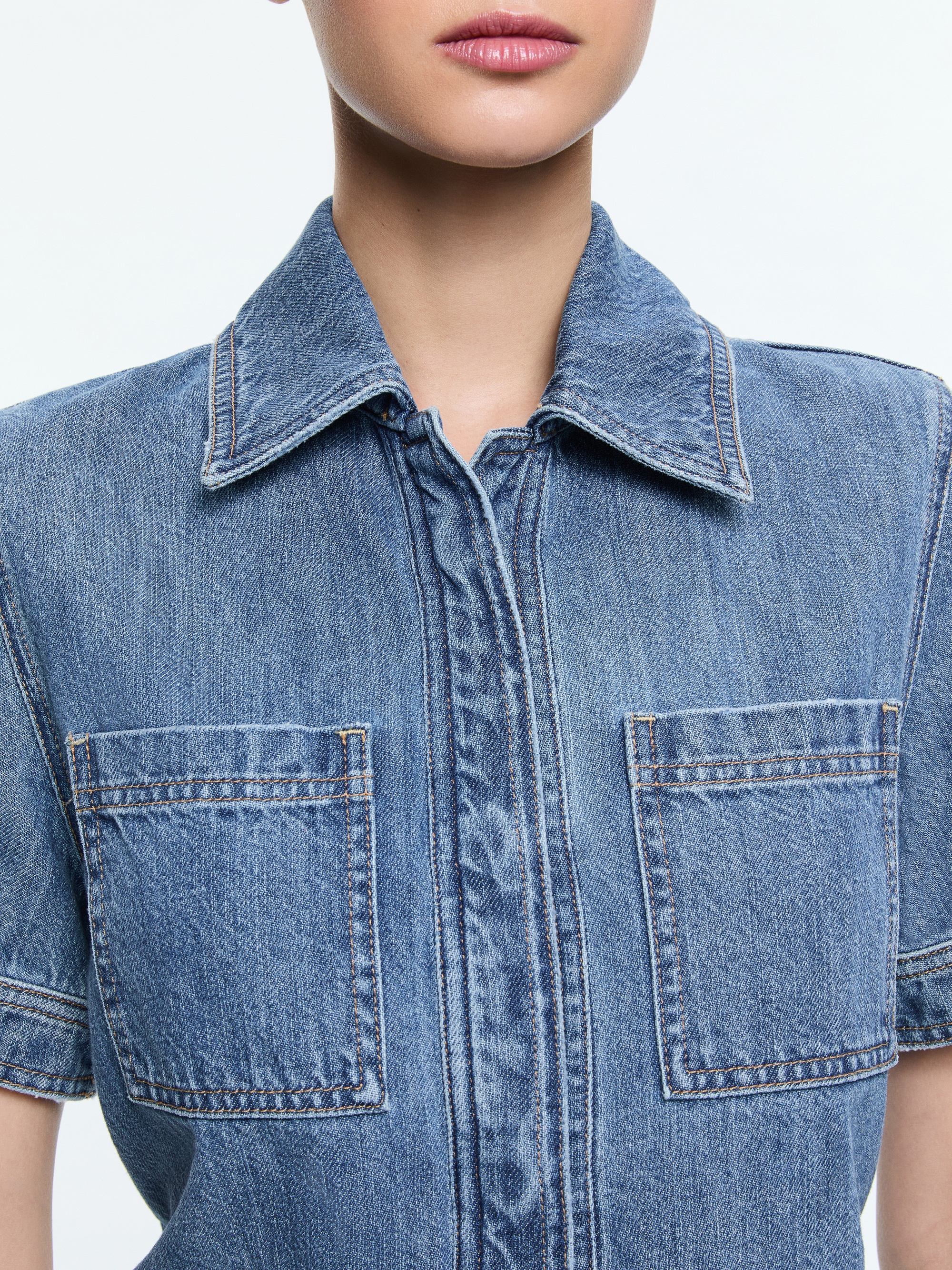 TESHA SHORT SLEEVE CROPPED DENIM BUTTON DOWN - 5