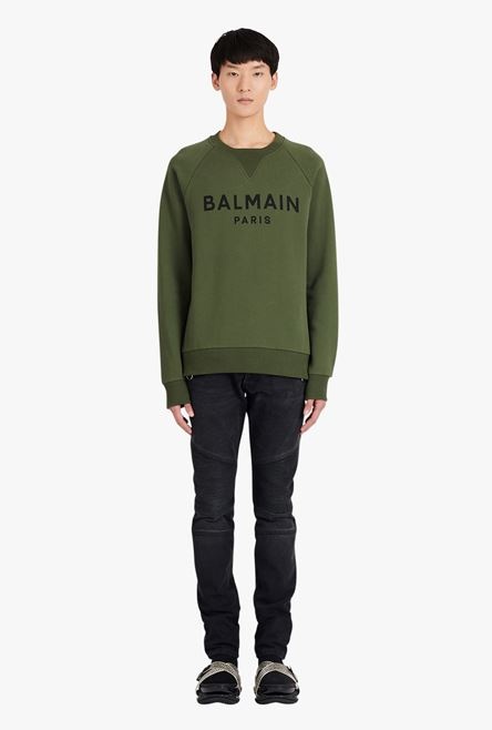 Khaki cotton sweatshirt with black Balmain Paris logo print - 4