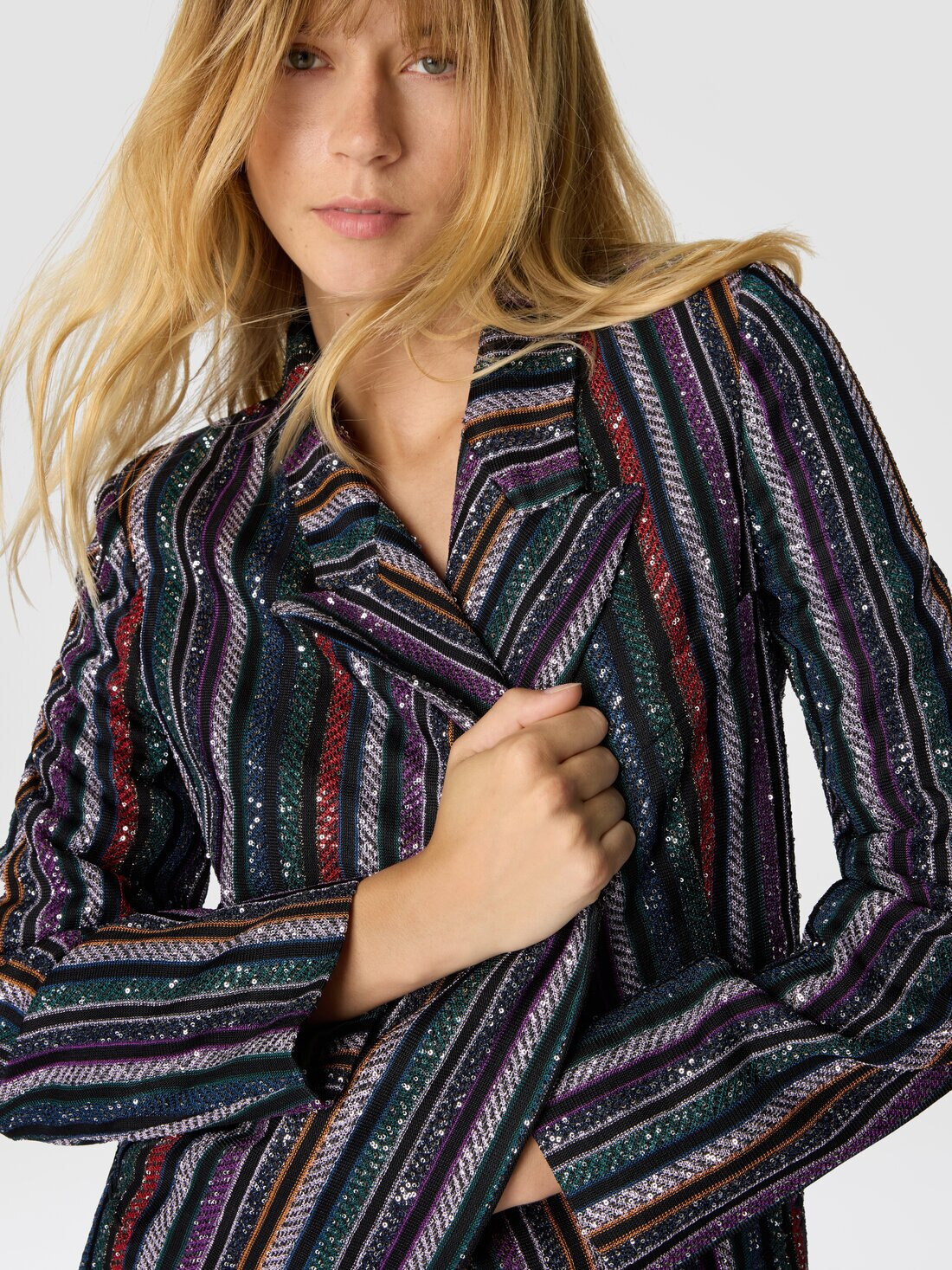 Single-Breasted Blazer with Herringbone Stripe Knit - 5