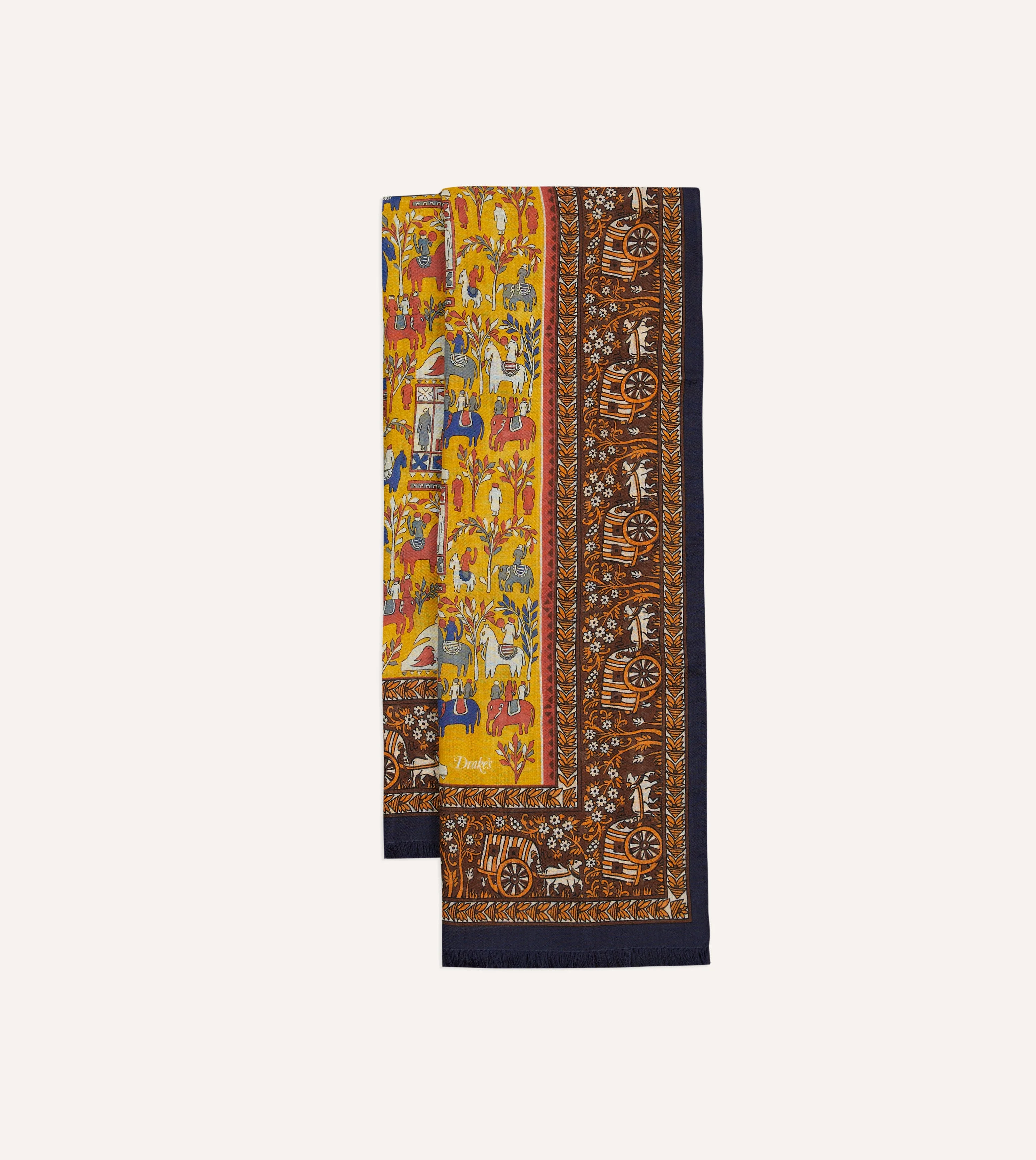 Yellow Elephant Village Print Wool-Silk Scarf - 1