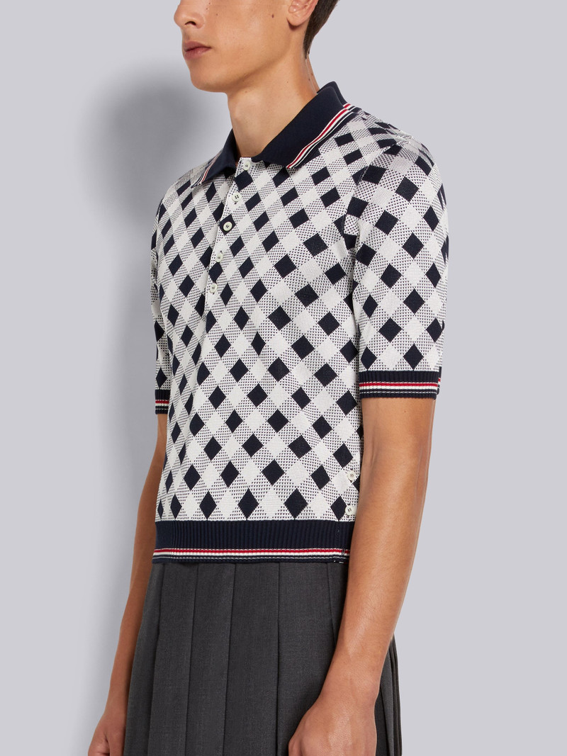 Thom Browne Navy Gingham Jacquard Cotton Silk Stripe Tipping Polo outlook