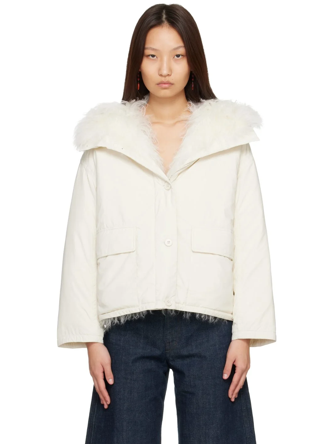 White Curly Lamb Short Ultra-Light Down Jacket - 1