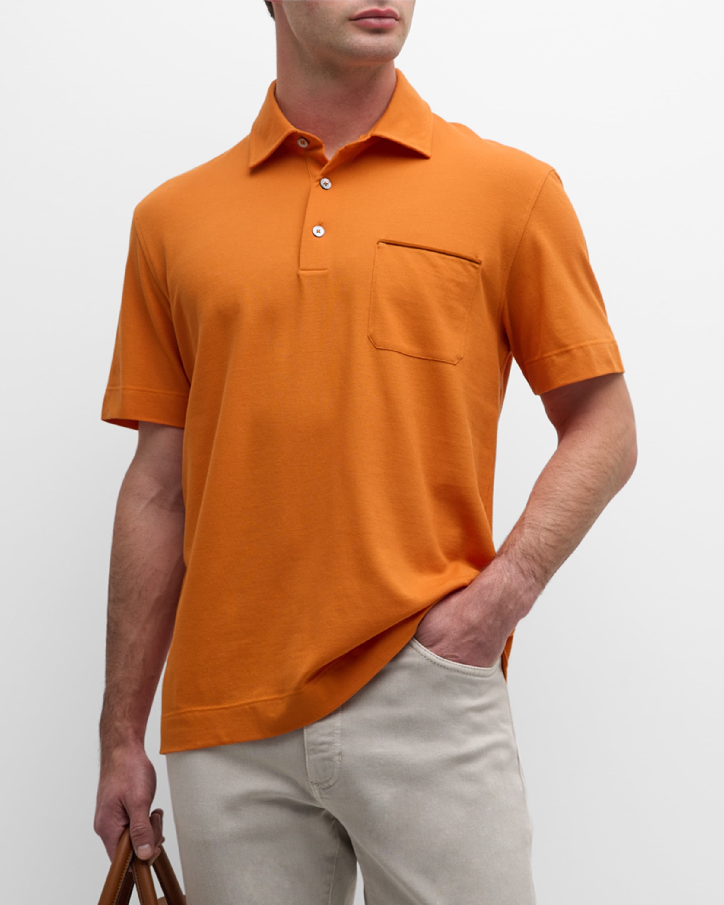 Men's Cotton Polo Shirt with Leather-Trim Pocket - 2