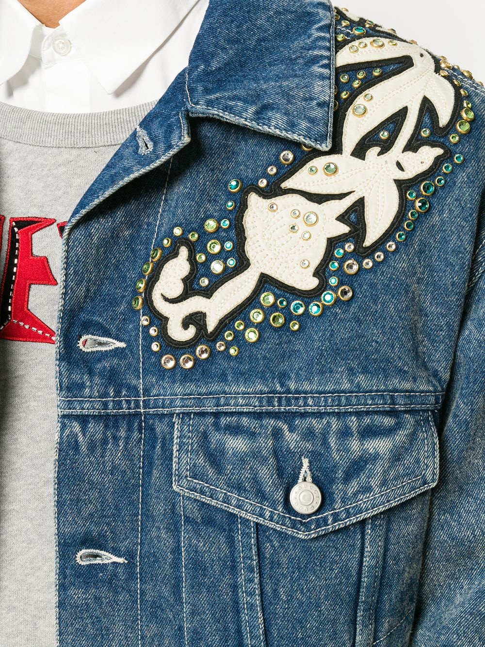 Gucci Logo print denim jacket with floral appliqués - 5