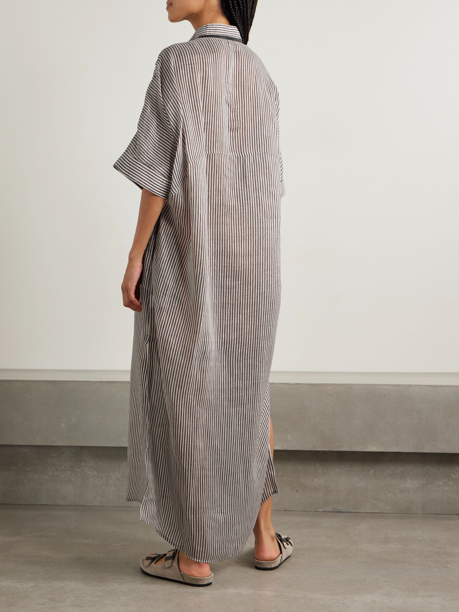 Oversized bead-embellished striped linen and silk-blend organza maxi shirt dress Brown - 3