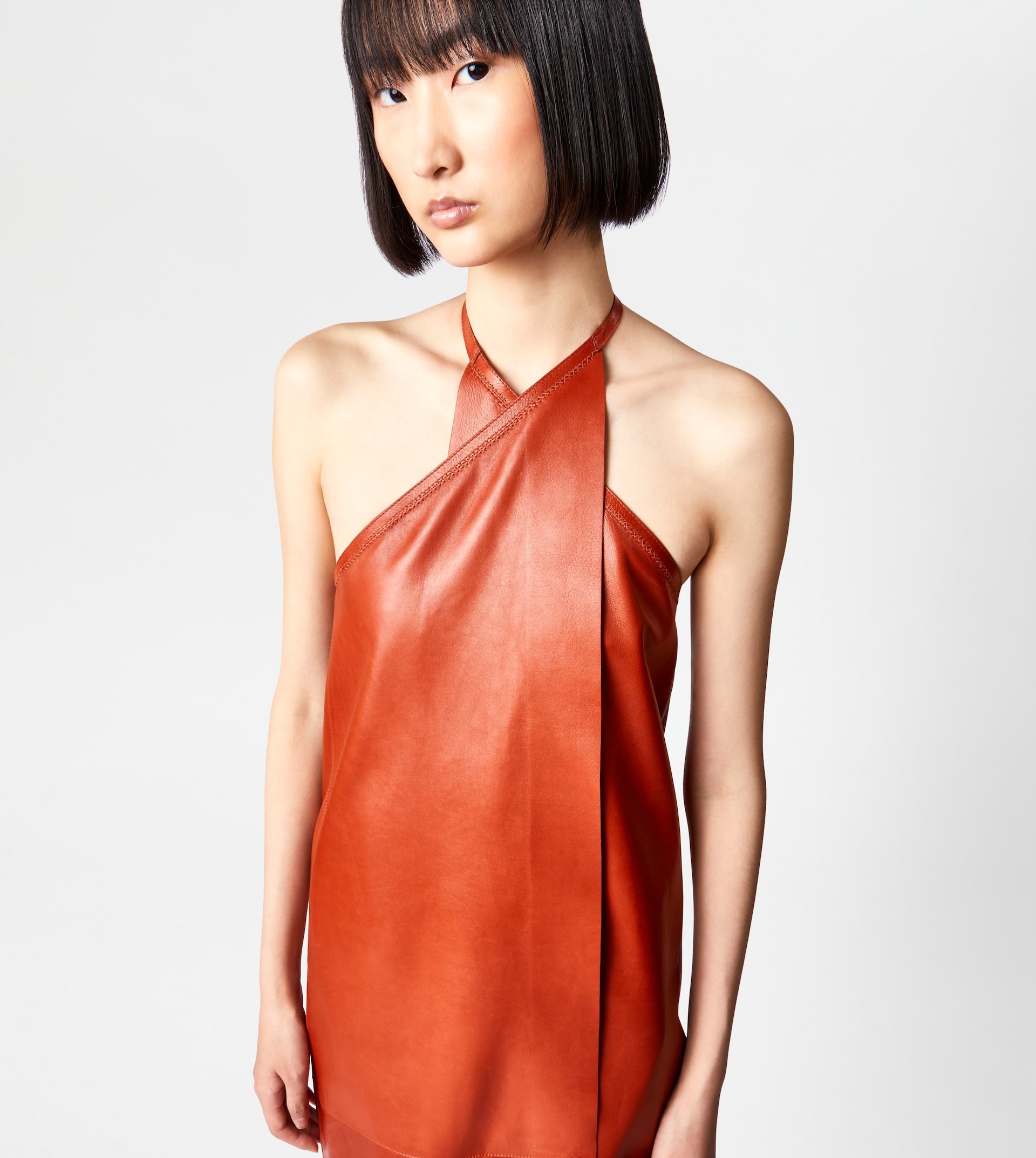 DRESS IN LEATHER WITH HALTERNECK COLLAR - BROWN - 7