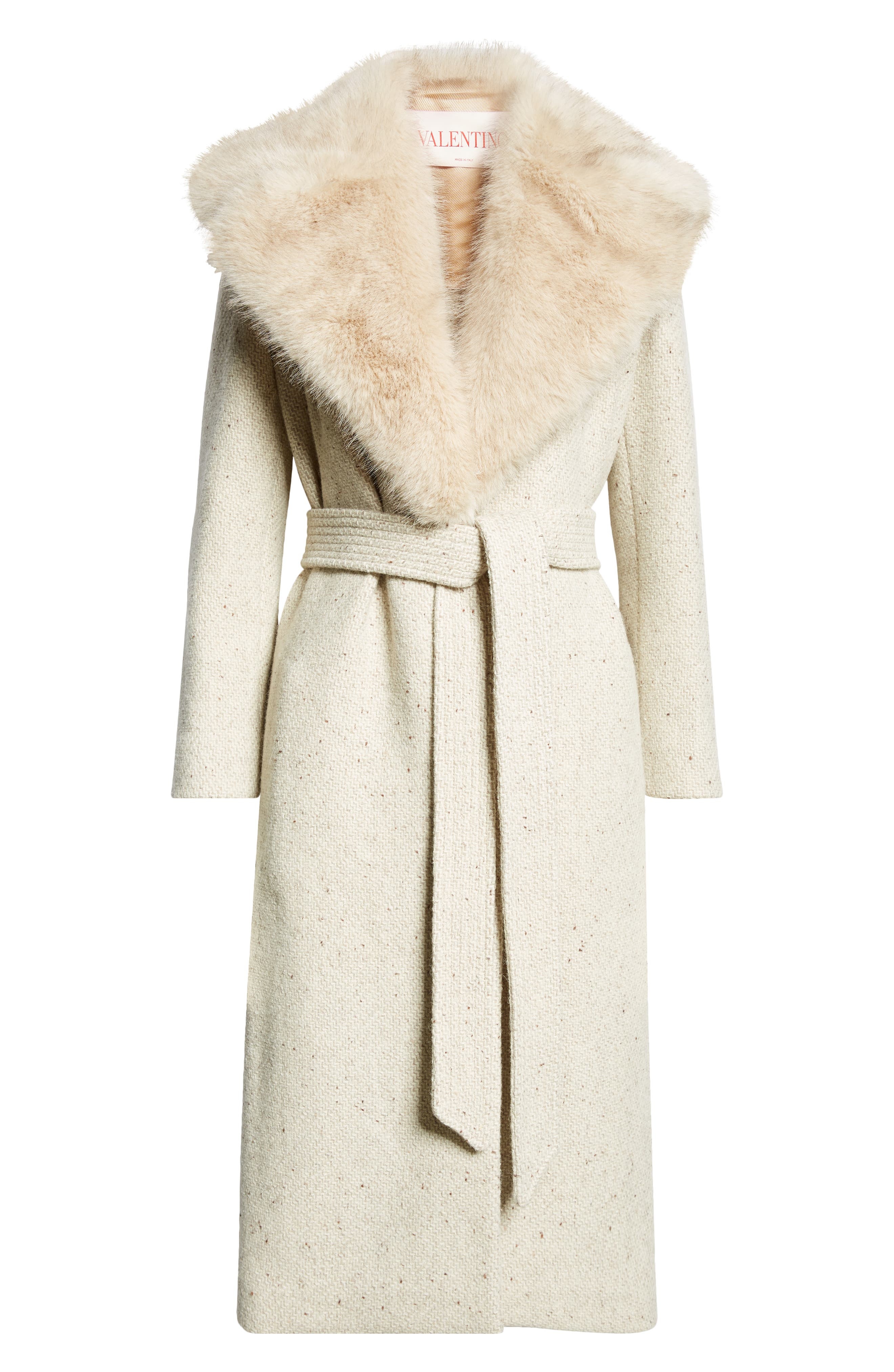 Valentino Garavani Virgin Wool Belted Coat with Faux Fur Collar in Cream Multi at Nordstrom - 7