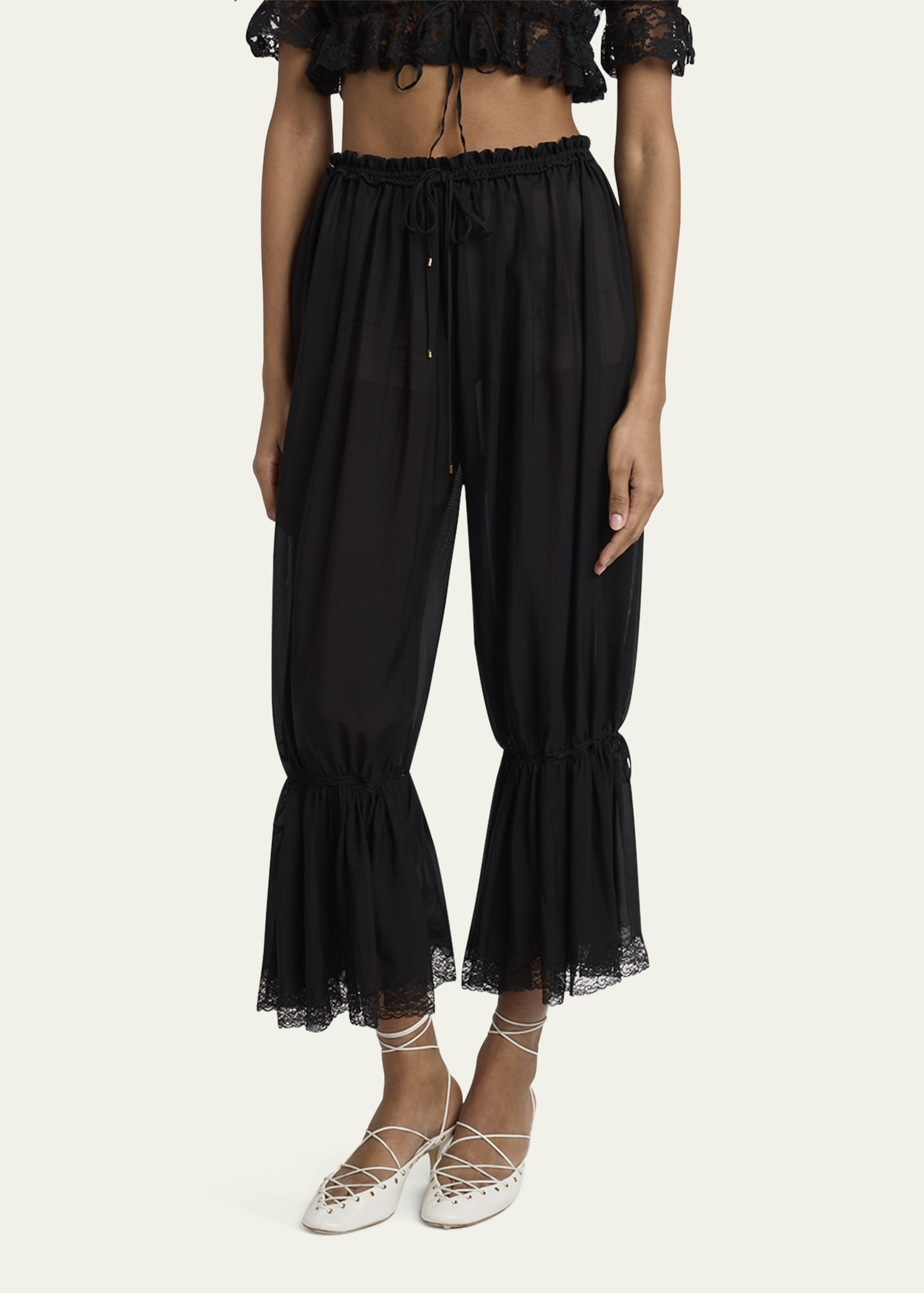 Drawstring Lace-Trim Cropped Pants - 4