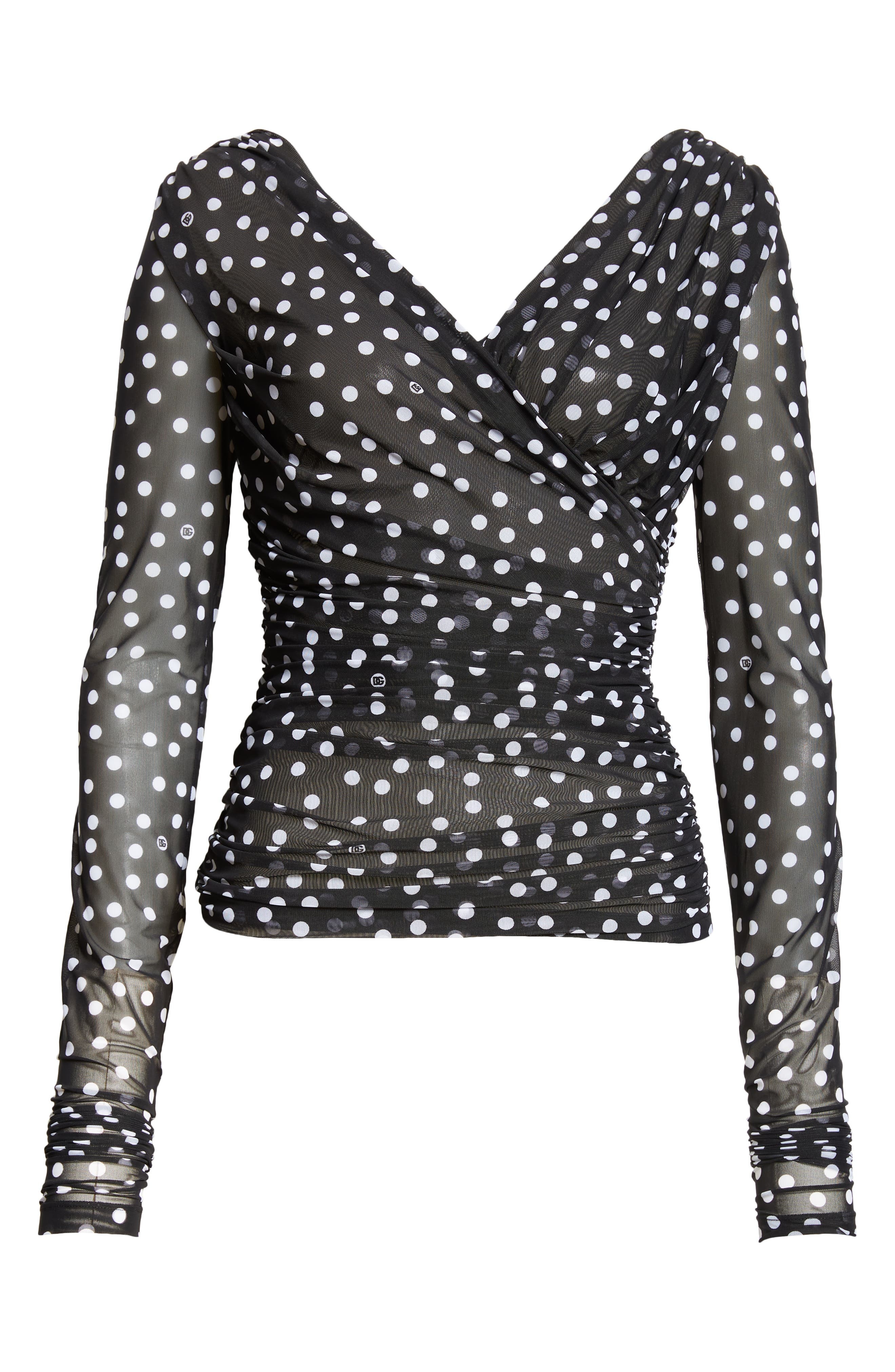 Dolce&Gabbana Polka Dot Ruched Tulle Top in Nero Dot Bianco at Nordstrom - 6