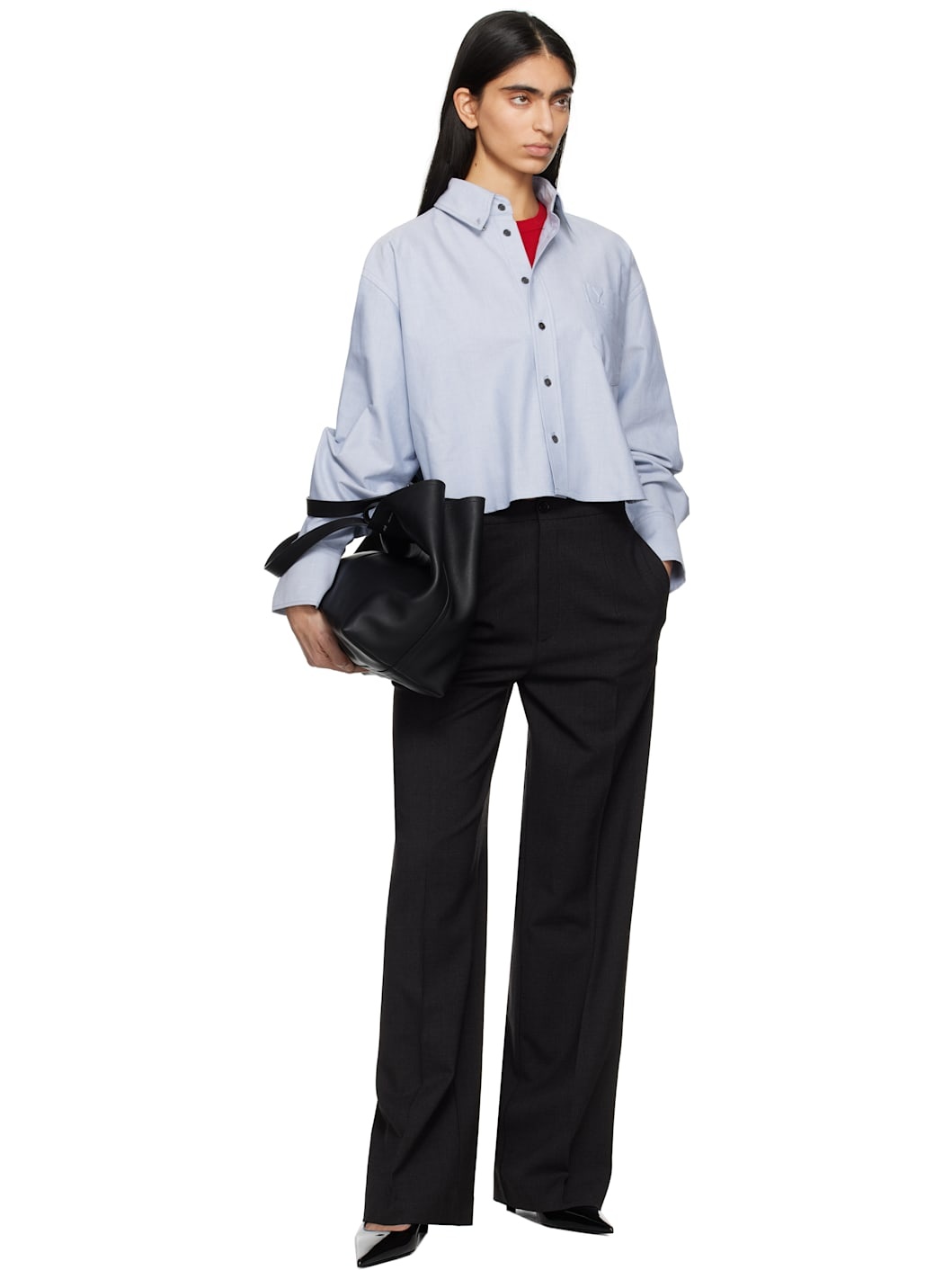 Blue Cotton Button-Down Cropped Oversized Shirt - 4