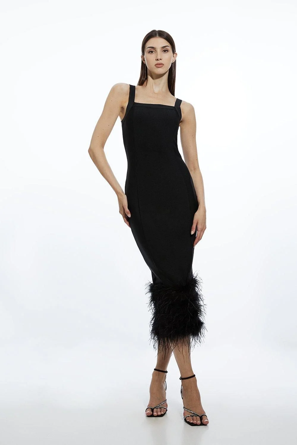 Figure Form Bandage Feather Hem Knit Midi Dress - 1