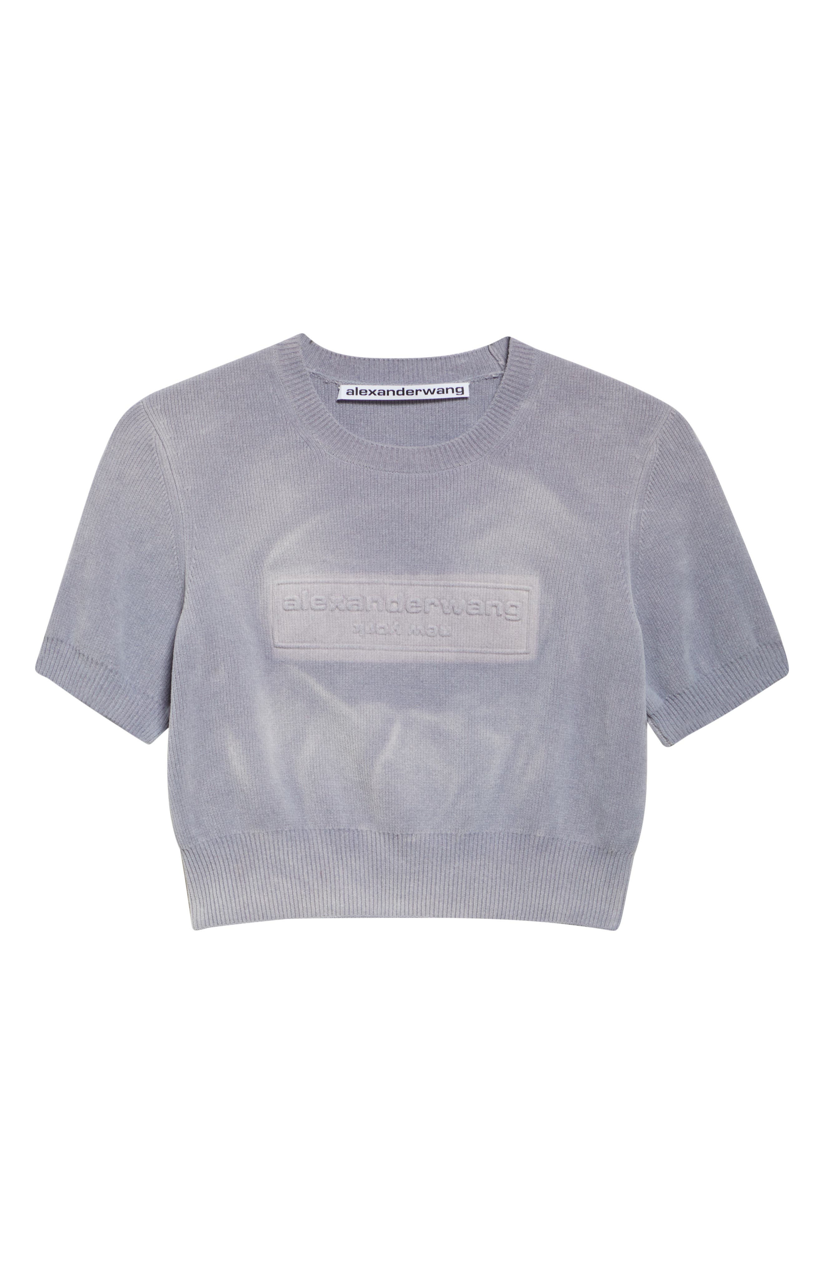 Alexander Wang Logo Short Sleeve Chenille Crop Sweater in Washed Grey at Nordstrom - 6