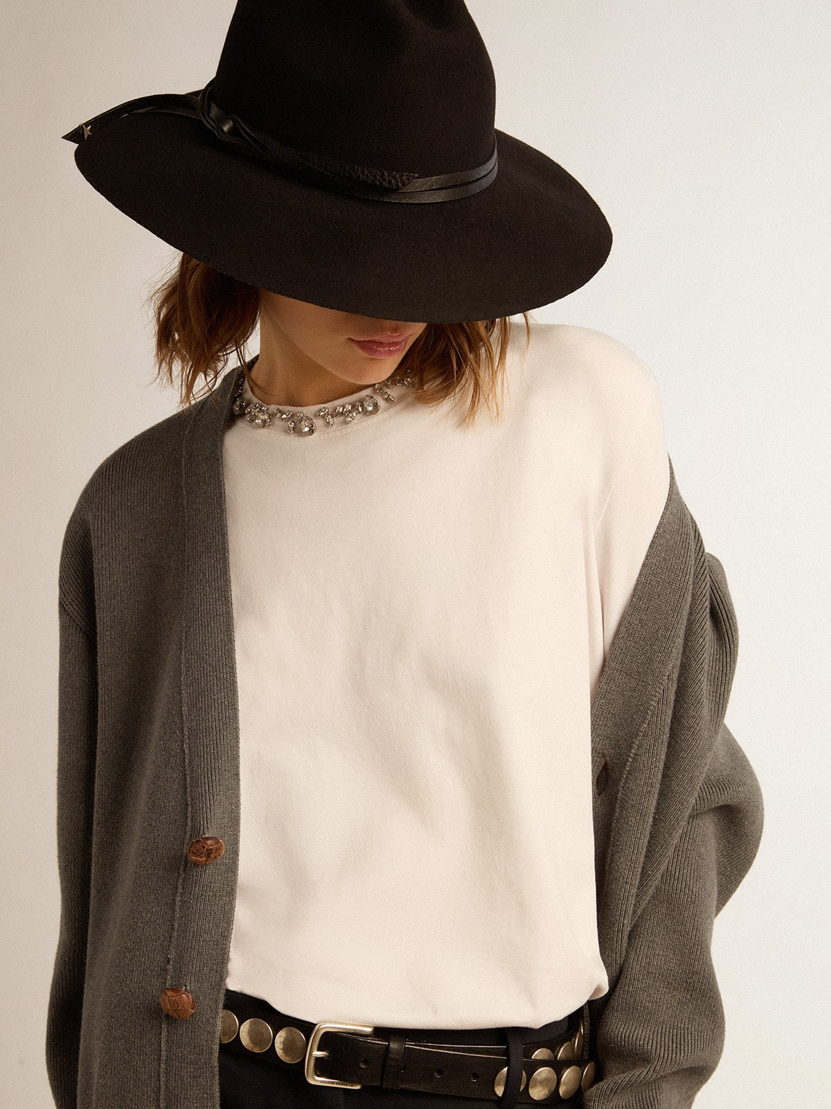 Women's mélange gray cotton cardigan with logo on the back - 2