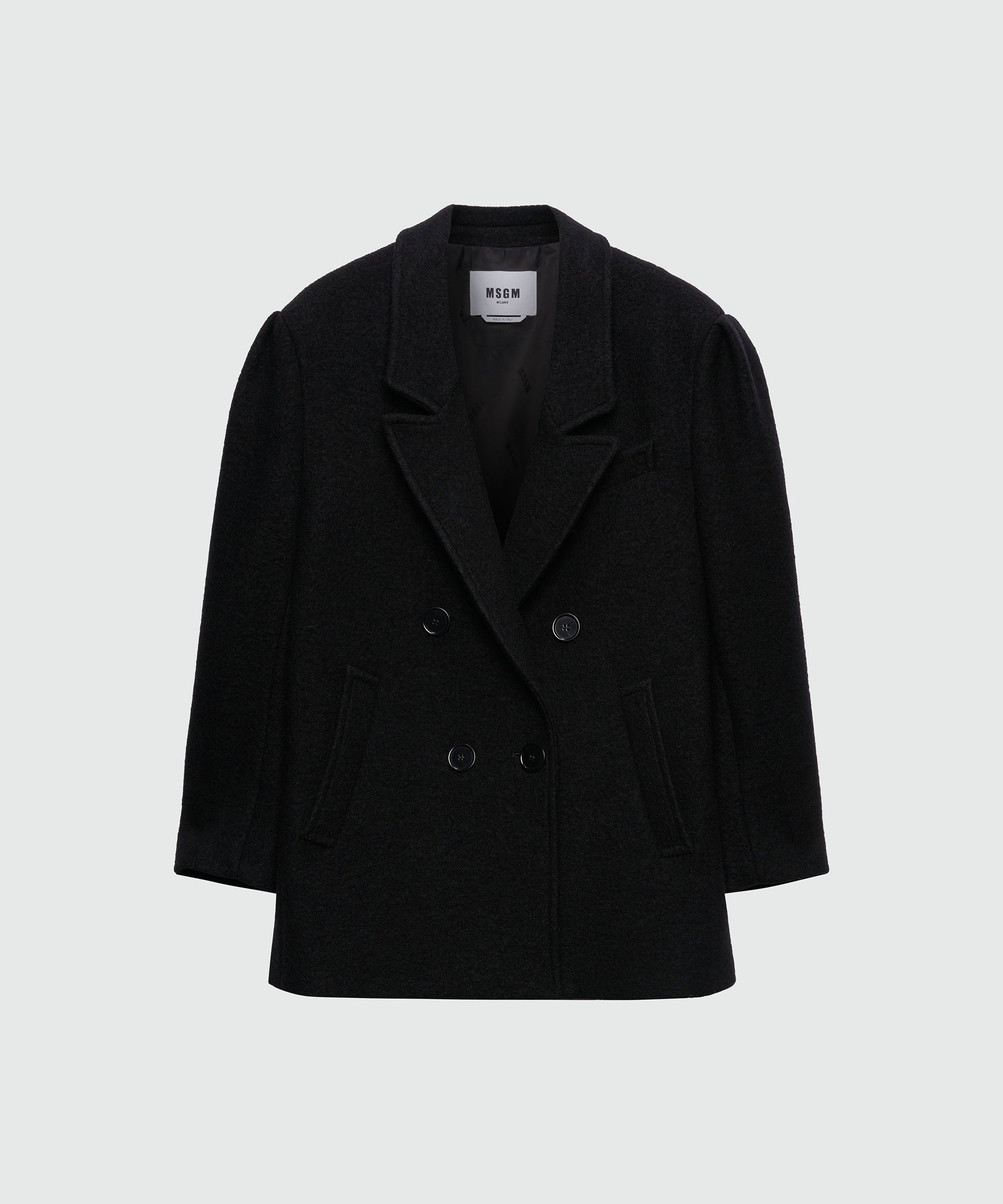 Black double-breasted bouclé wool pea coat - 1