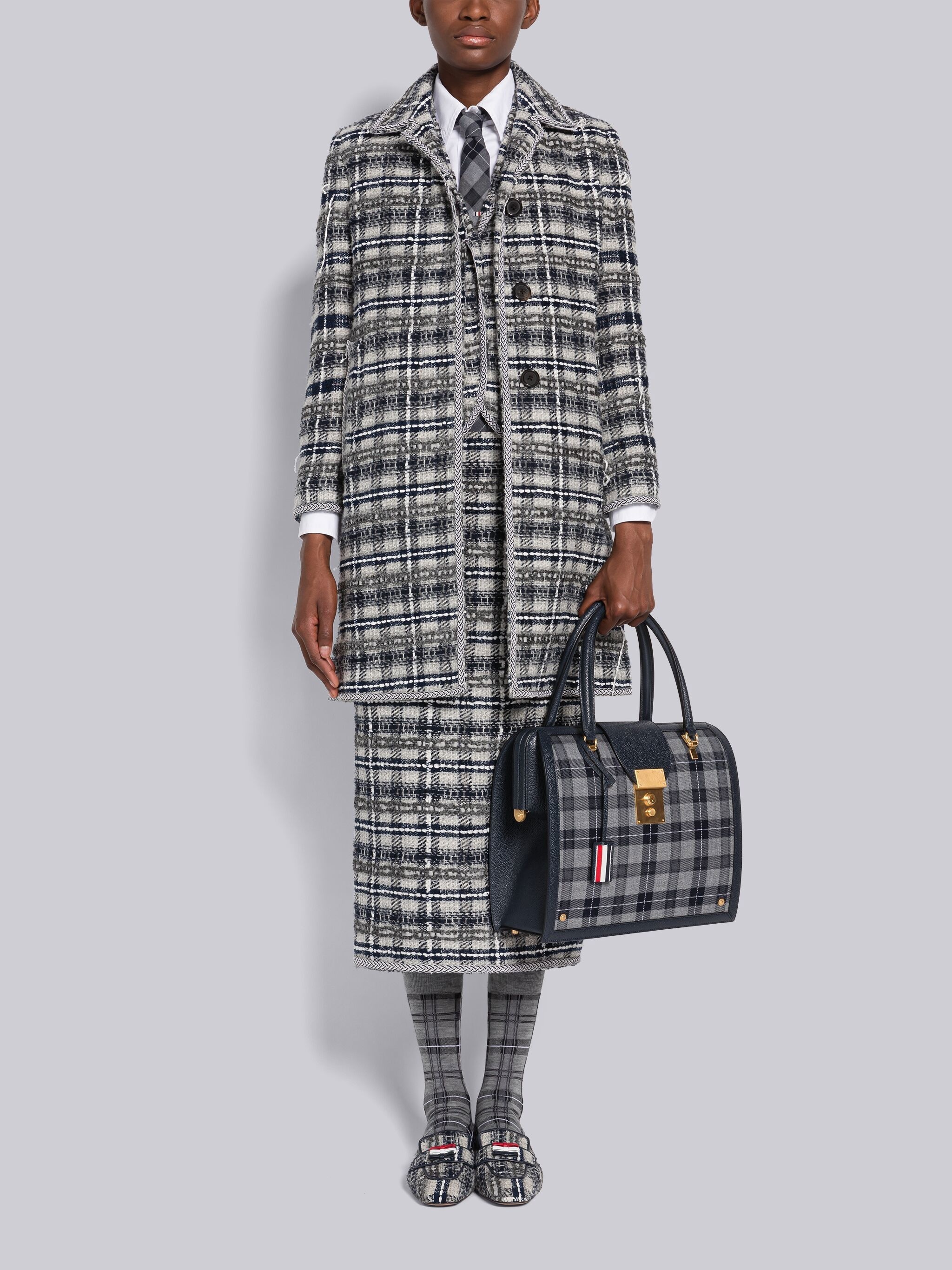 Tartan Ribbon Tweed Bal Collar Overcoat - 4