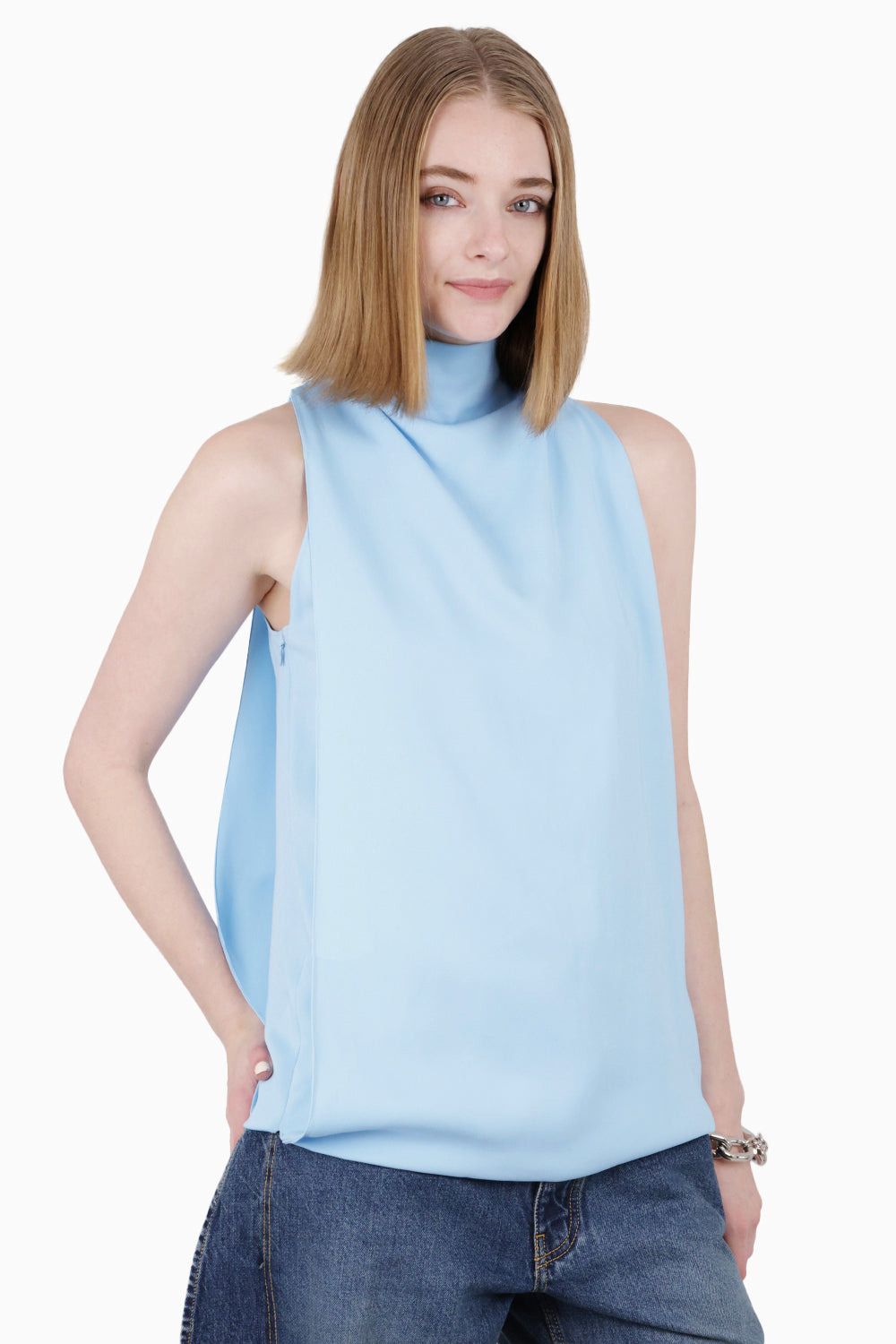 FOLDED HALTERNECK S/LESS TOP | LIGHT BLUE - 2