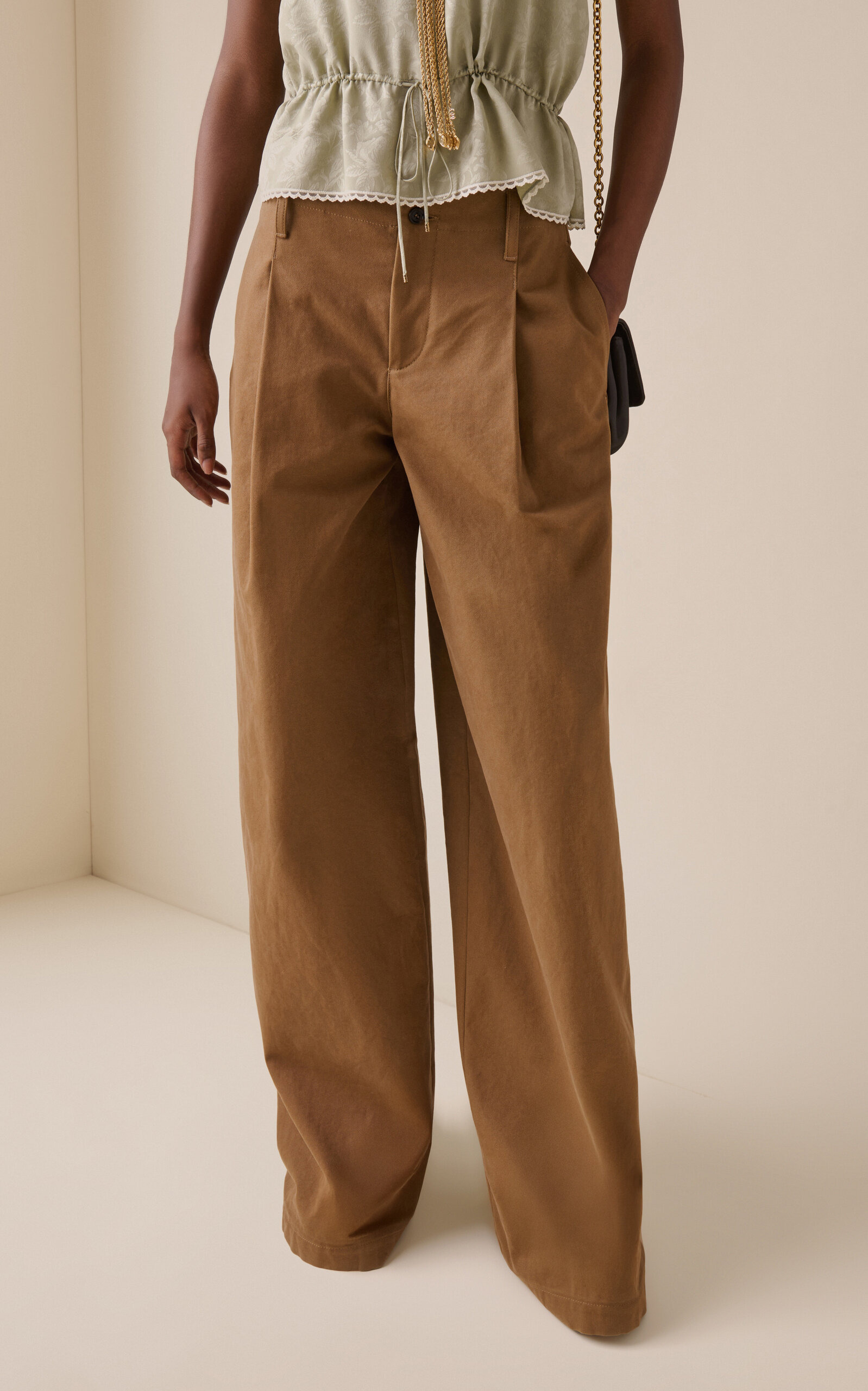 Pleated Organic Cotton Canvas Wide-Leg Pants brown - 3