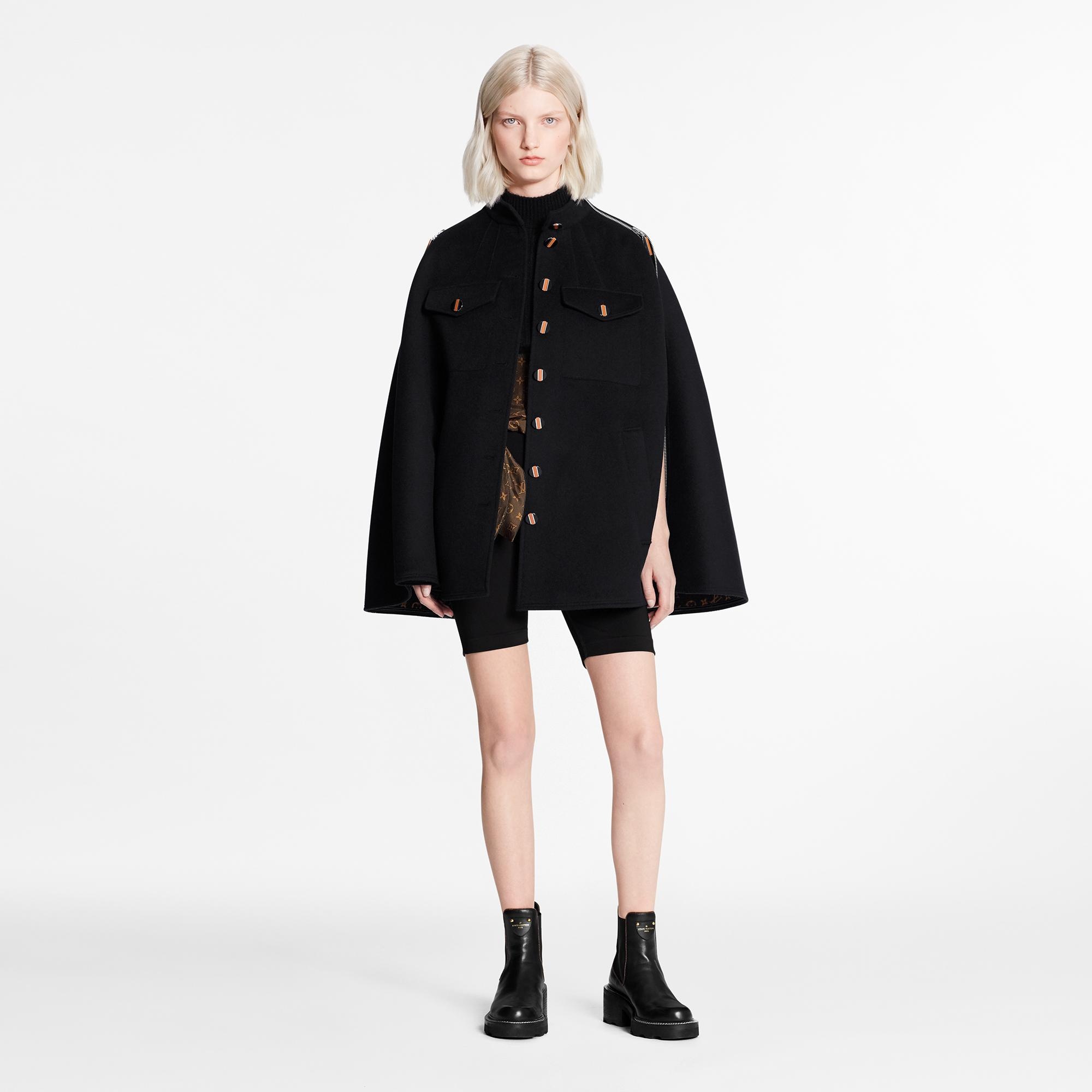 Black And Ochre Monogram Cape Coat In Wool And Silk - 2