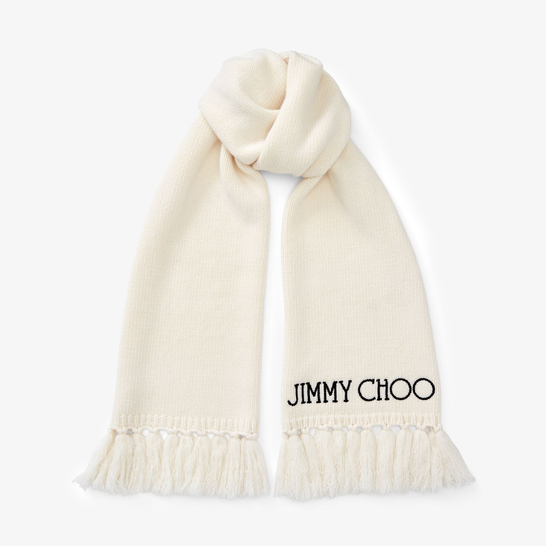 Jutta
Latte Wool Scarf with Embroidered Jimmy Choo Logo - 1