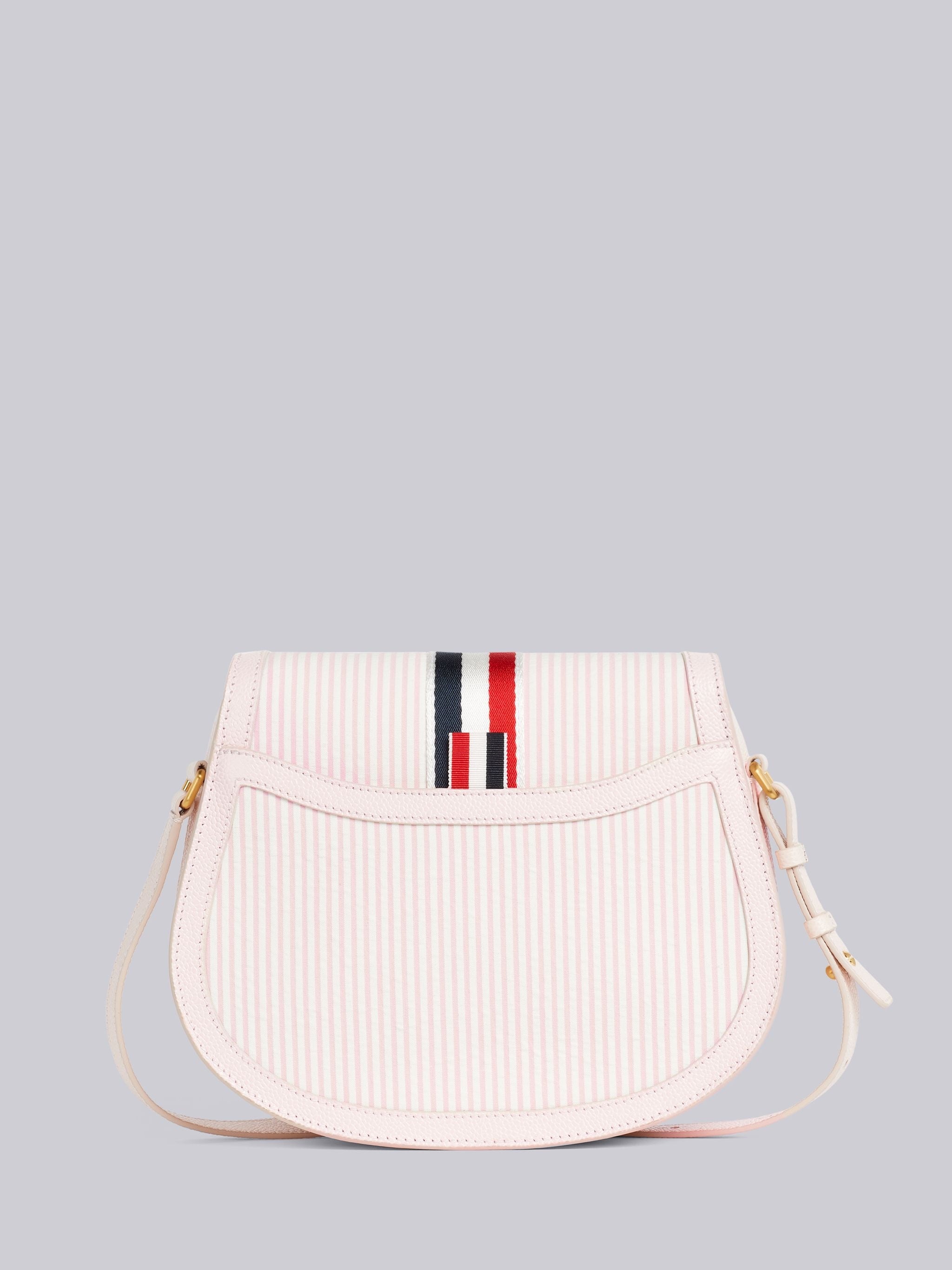 Light Pink Stripe Seersucker Webbing Enamel Lock Saddle Shoulder Bag - 4