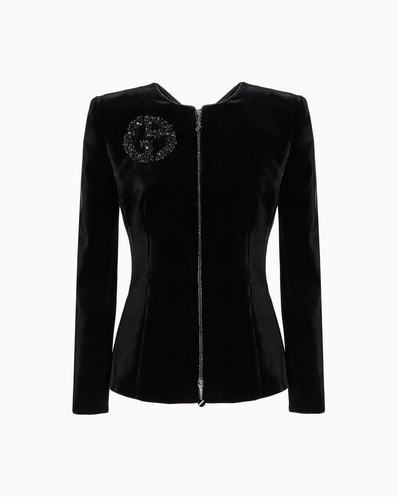 VELVET ZIP-UP JACKET WITH BOW DETAIL AND EMBROIDERY - 1
