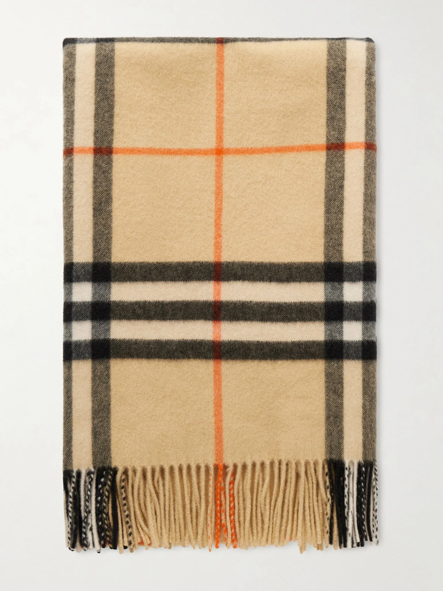 Fringed checked cashmere scarf Beige - 1