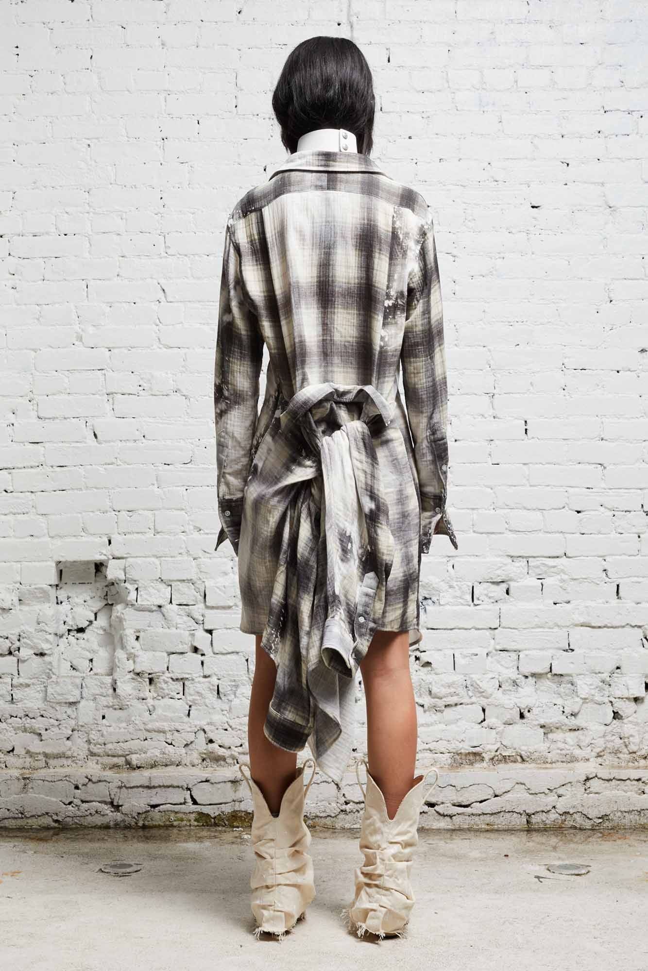 TIE SHIRTDRESS - BLEACHED GREY PLAID - 2