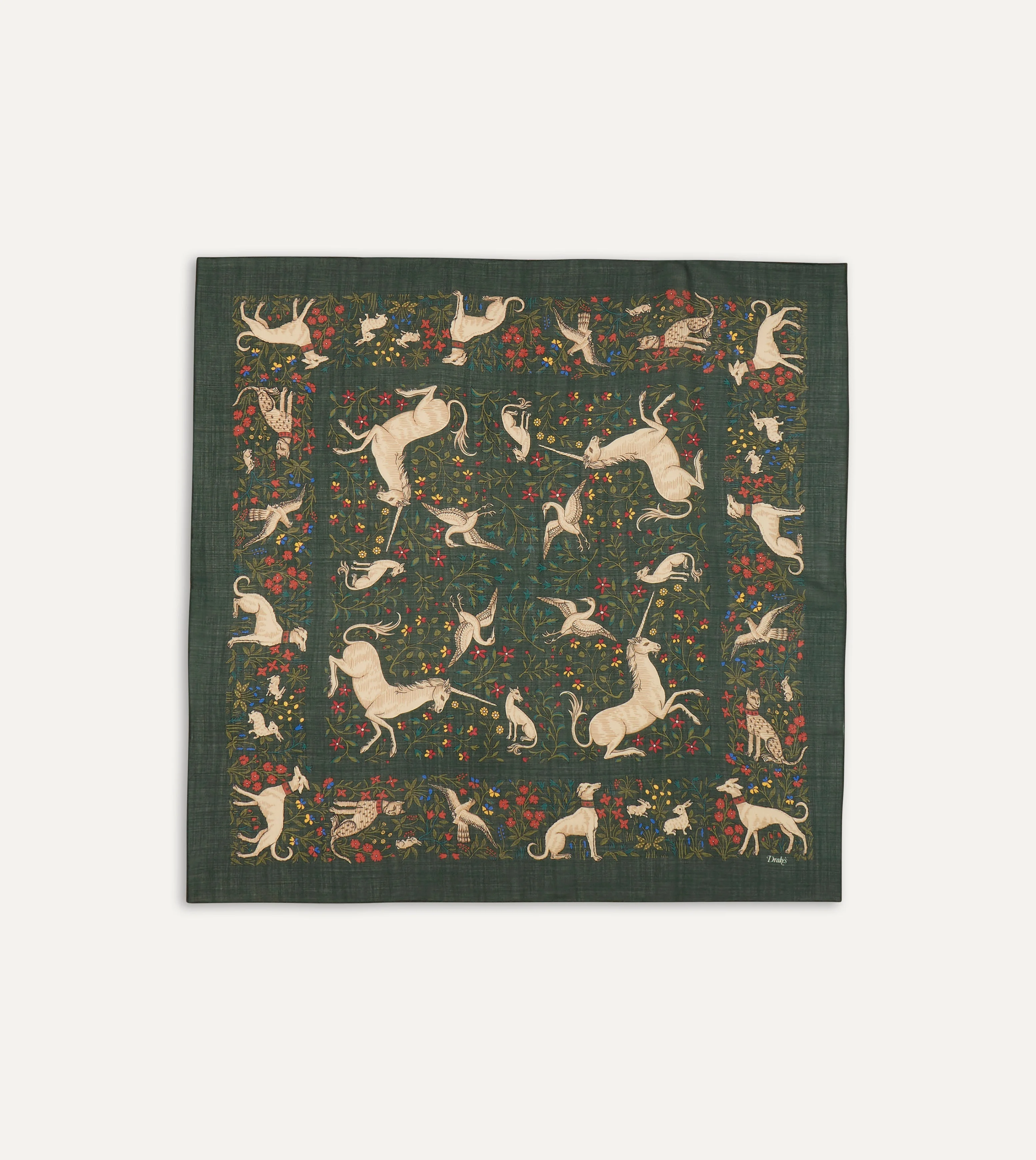 Green Unicorn Print Wool-Silk Square Scarf - 1