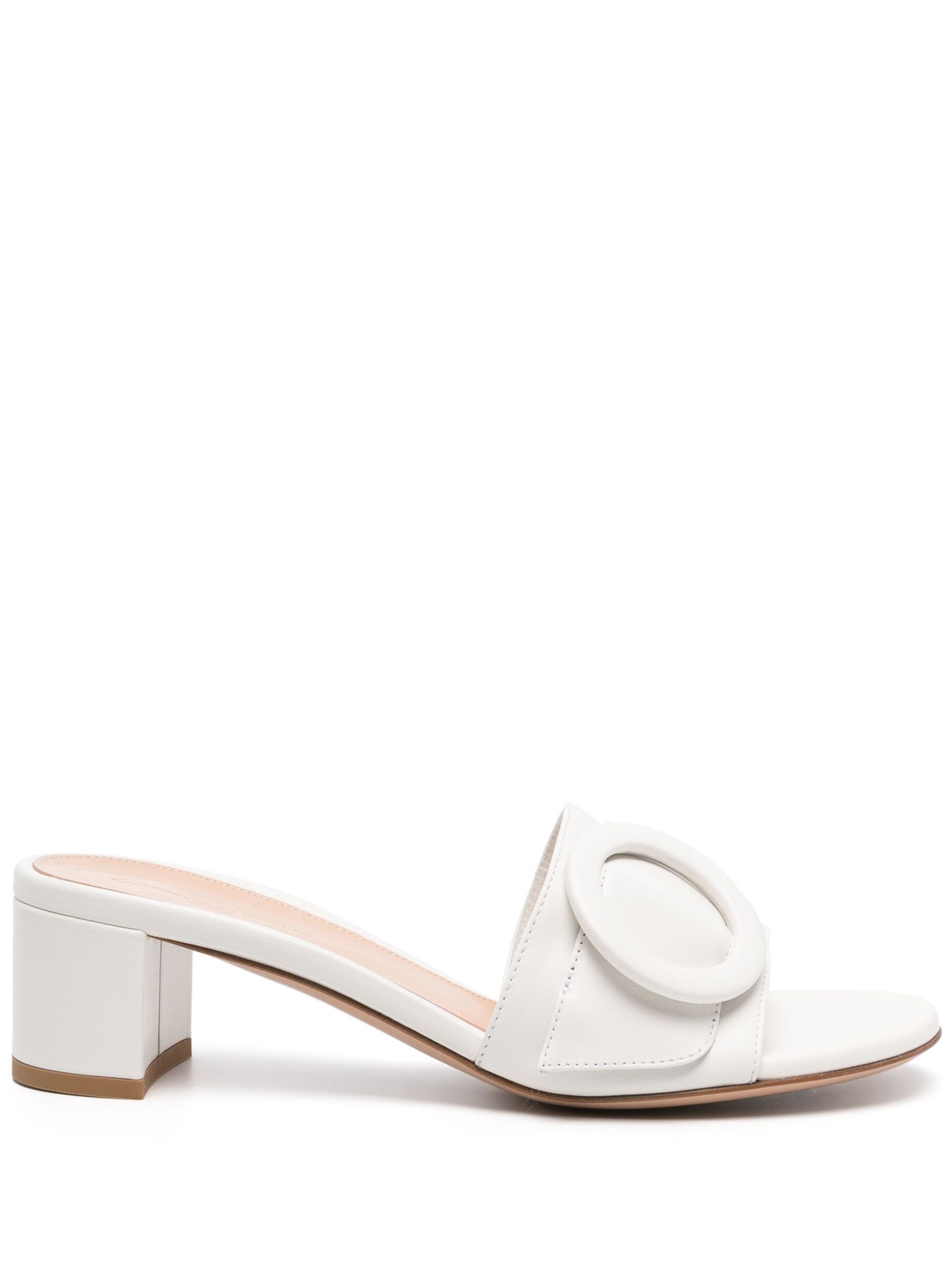 White Decorative Buckle Leather Mules - 1