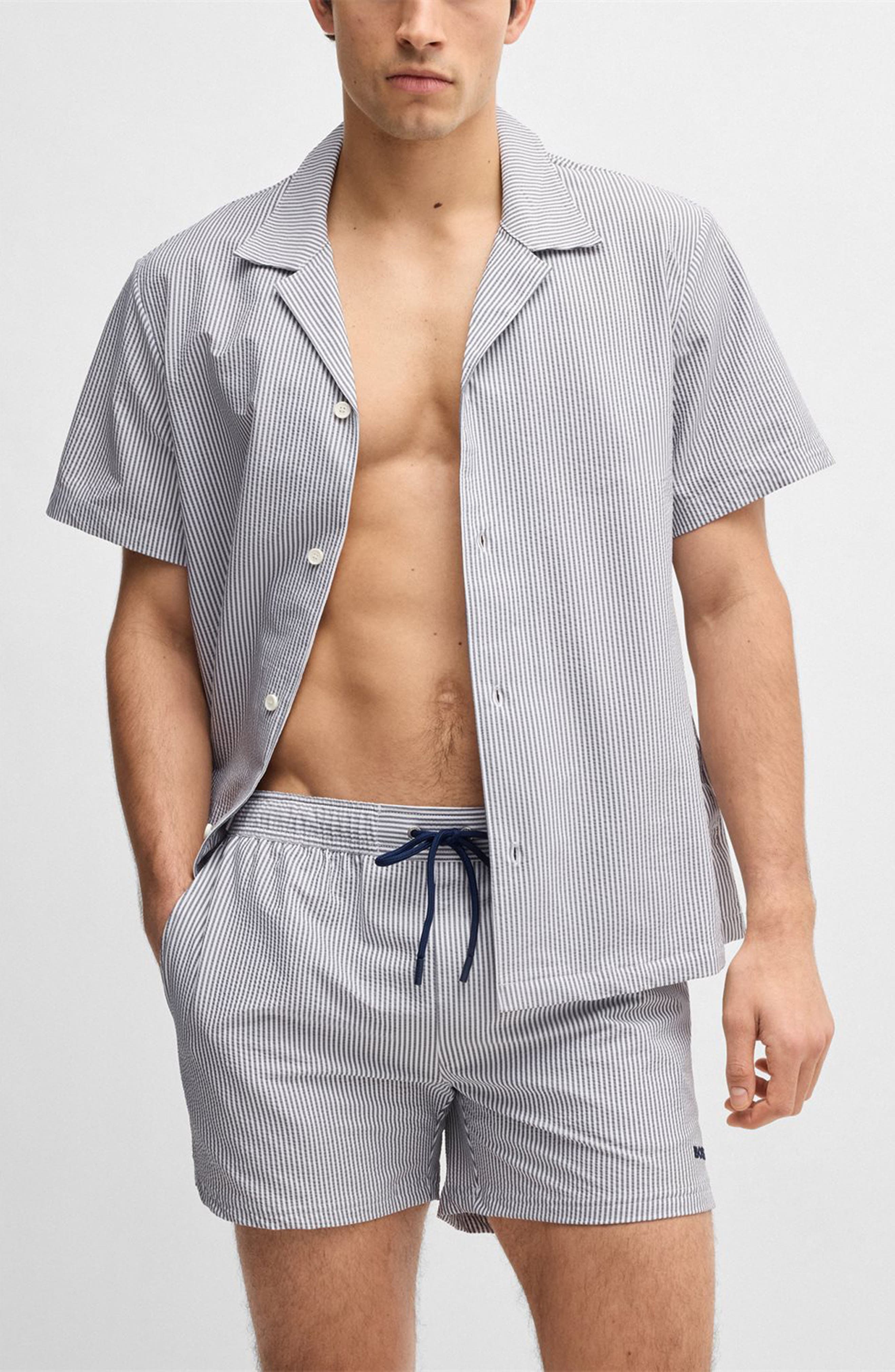 BOSS Velvetfish Stripe Seersucker Swim Trunks in Navy at Nordstrom - 4