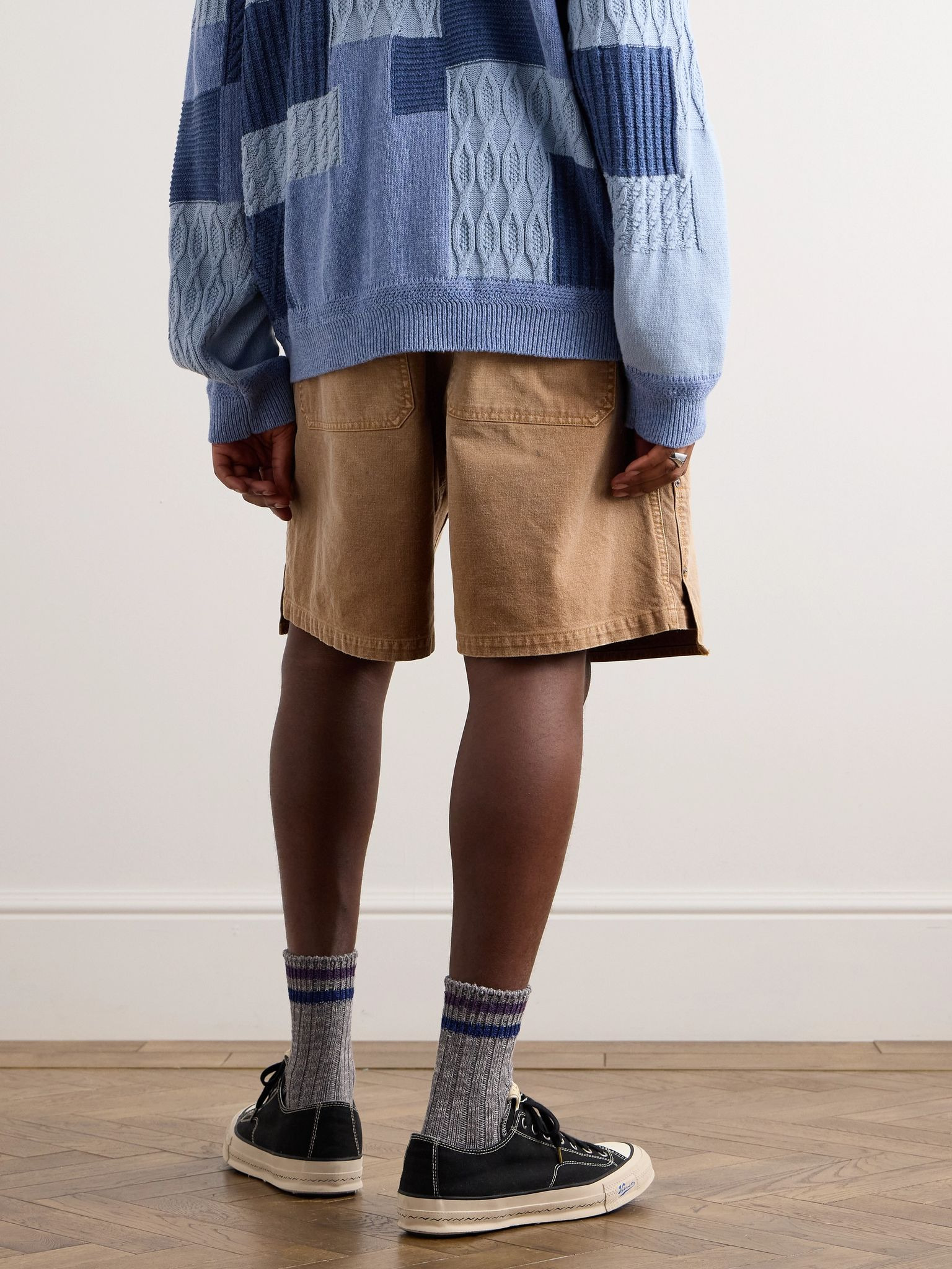 Wide-Leg Appliquéd Distressed Panelled Denim Shorts Camel - 3