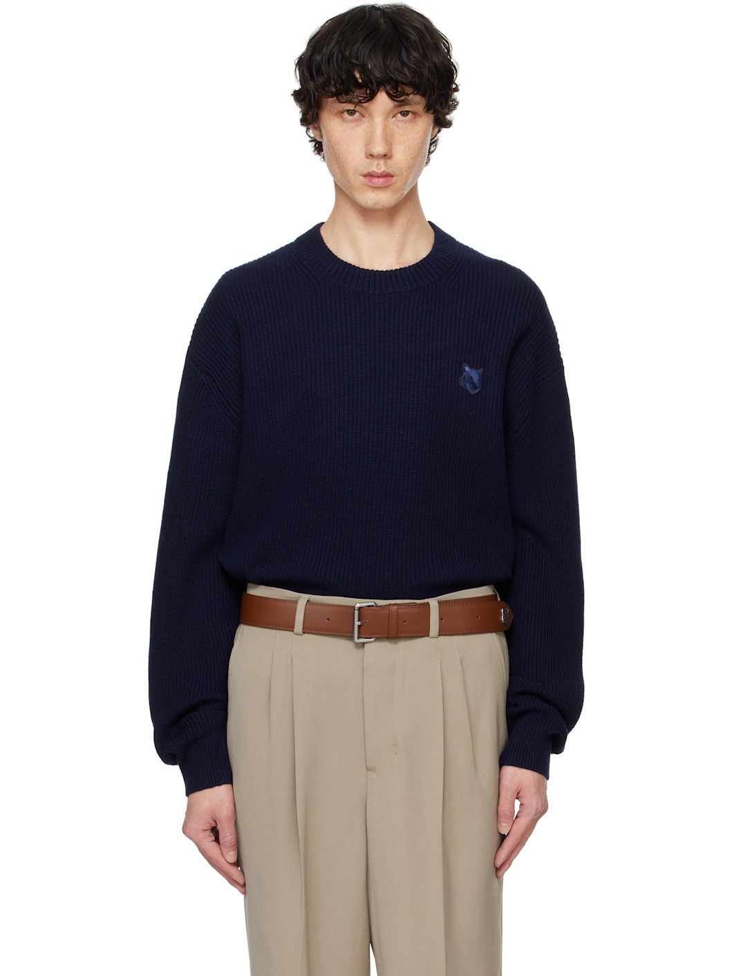 Navy Bold Fox Head Patch Comfort Ribbed Sweater - 1