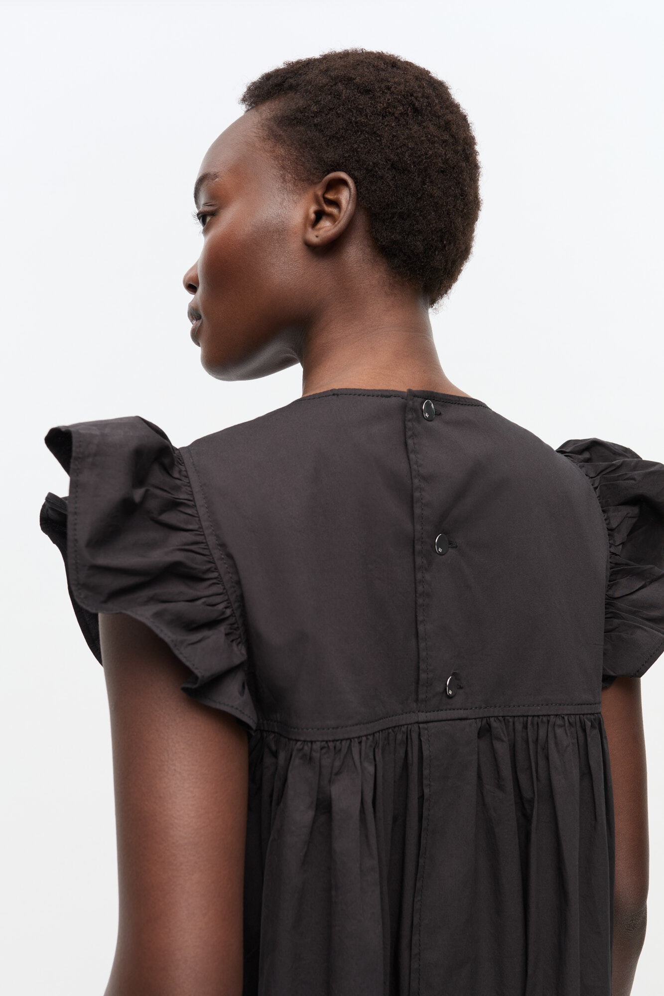BLACK STRETCH COTTON FRILL SLEEVE DRESS - 5