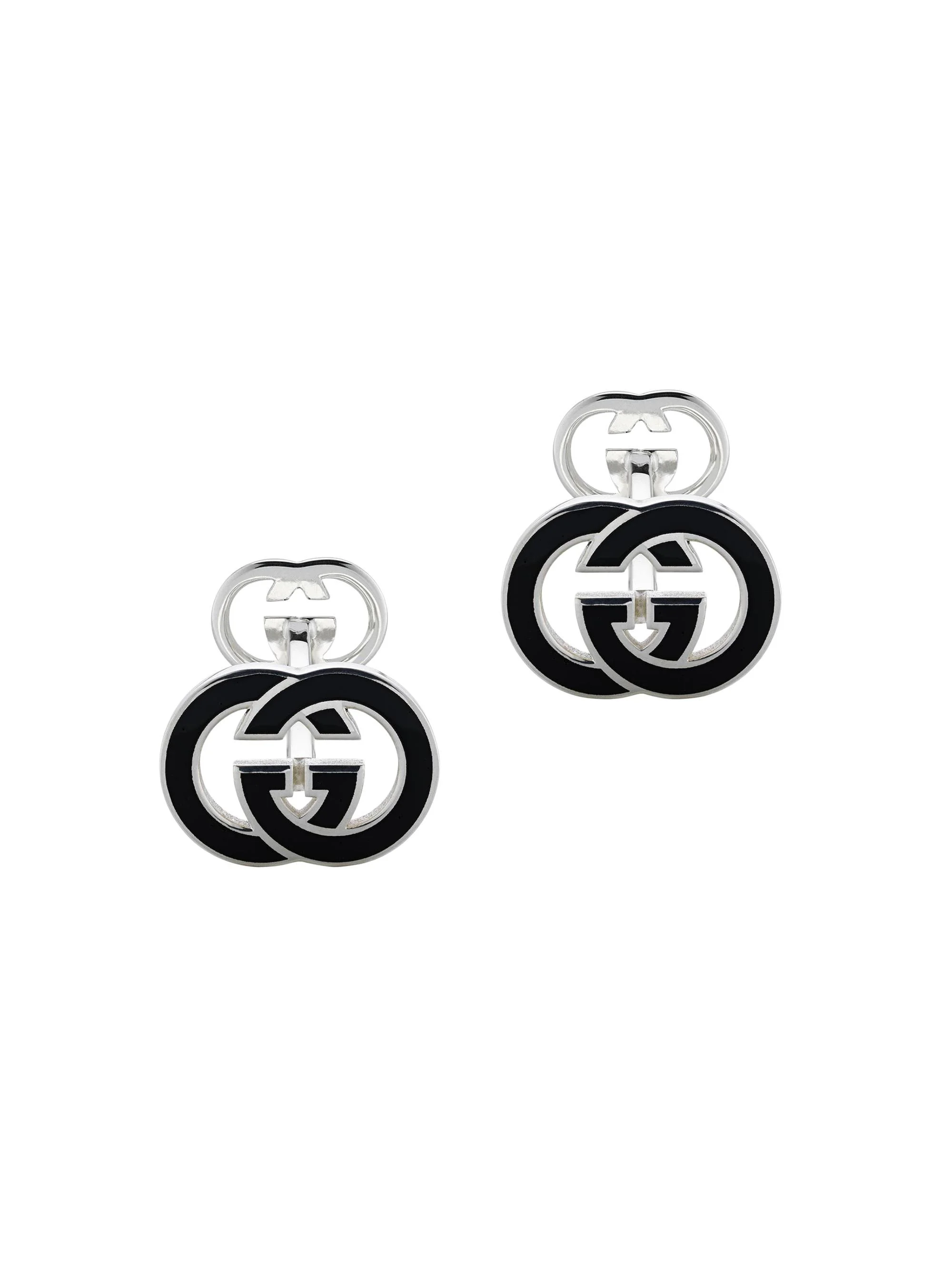 Men's Interlocking G Sterling Silver Cufflinks - Silver Black Enamel - 1