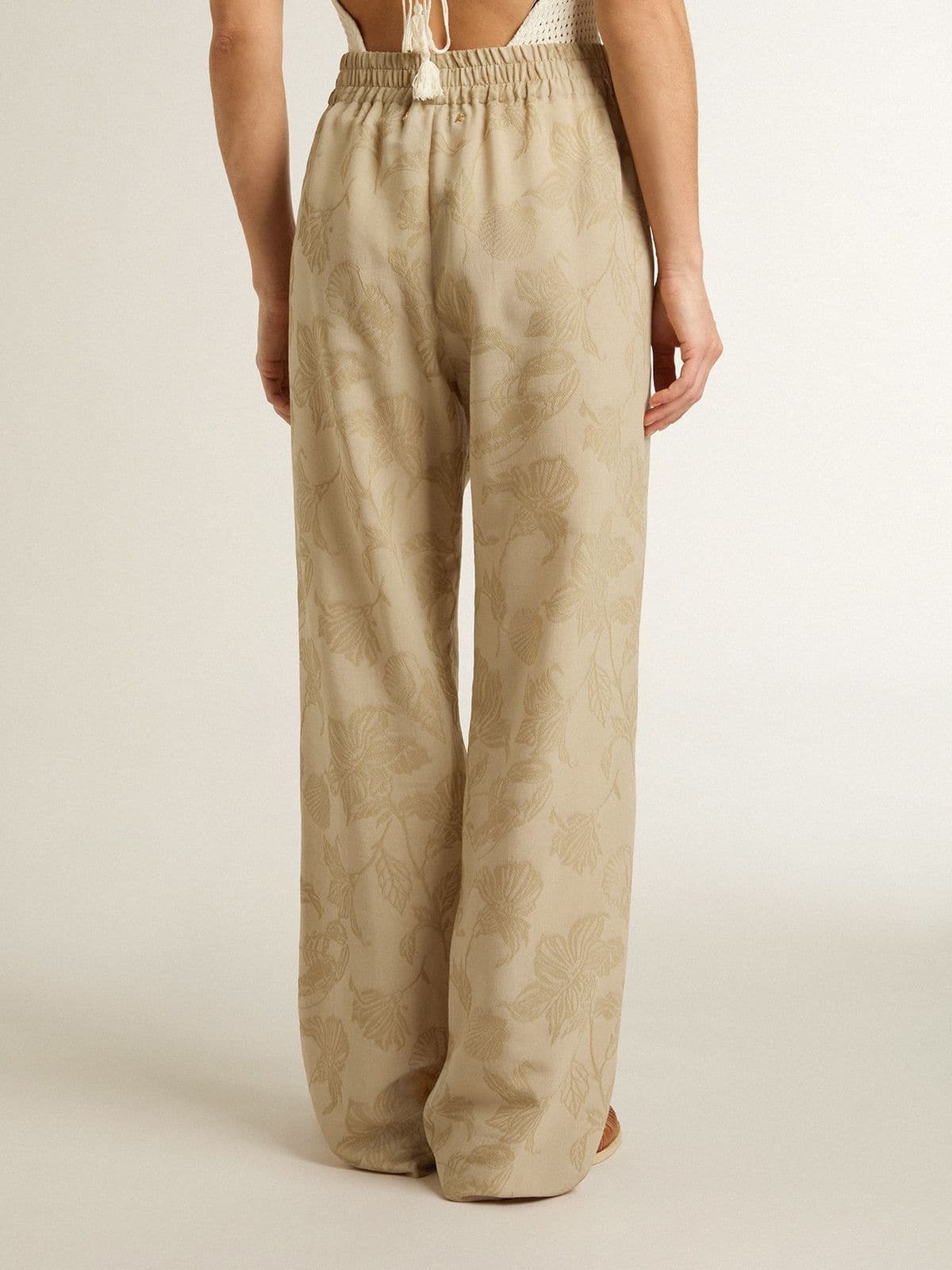 Women's pajama pants in beige jacquard with floral pattern - 4