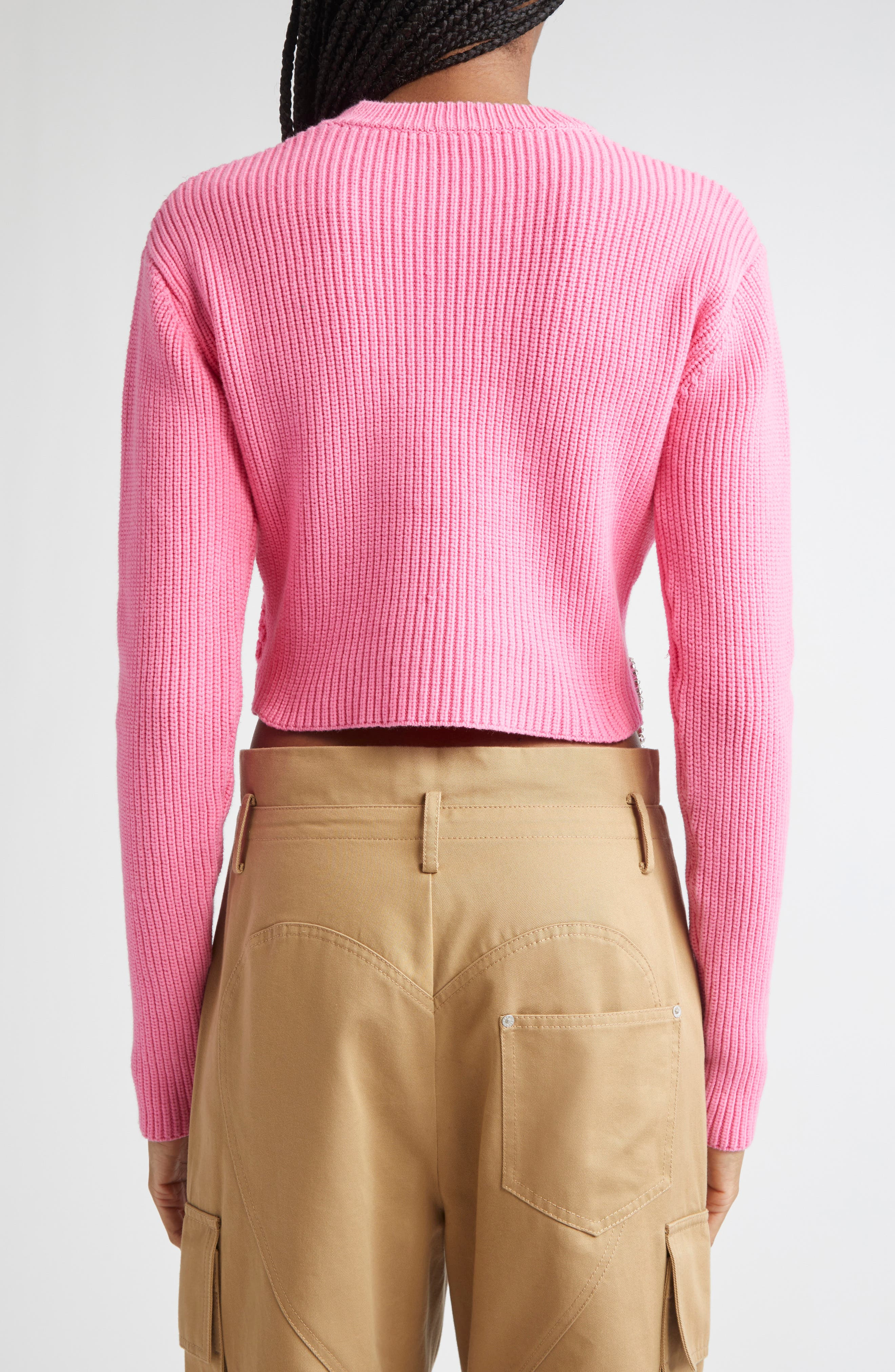 Area Crystal Flower & Crochet Heart Appliqué Crop Rib Sweater in Fuchsia at Nordstrom - 3