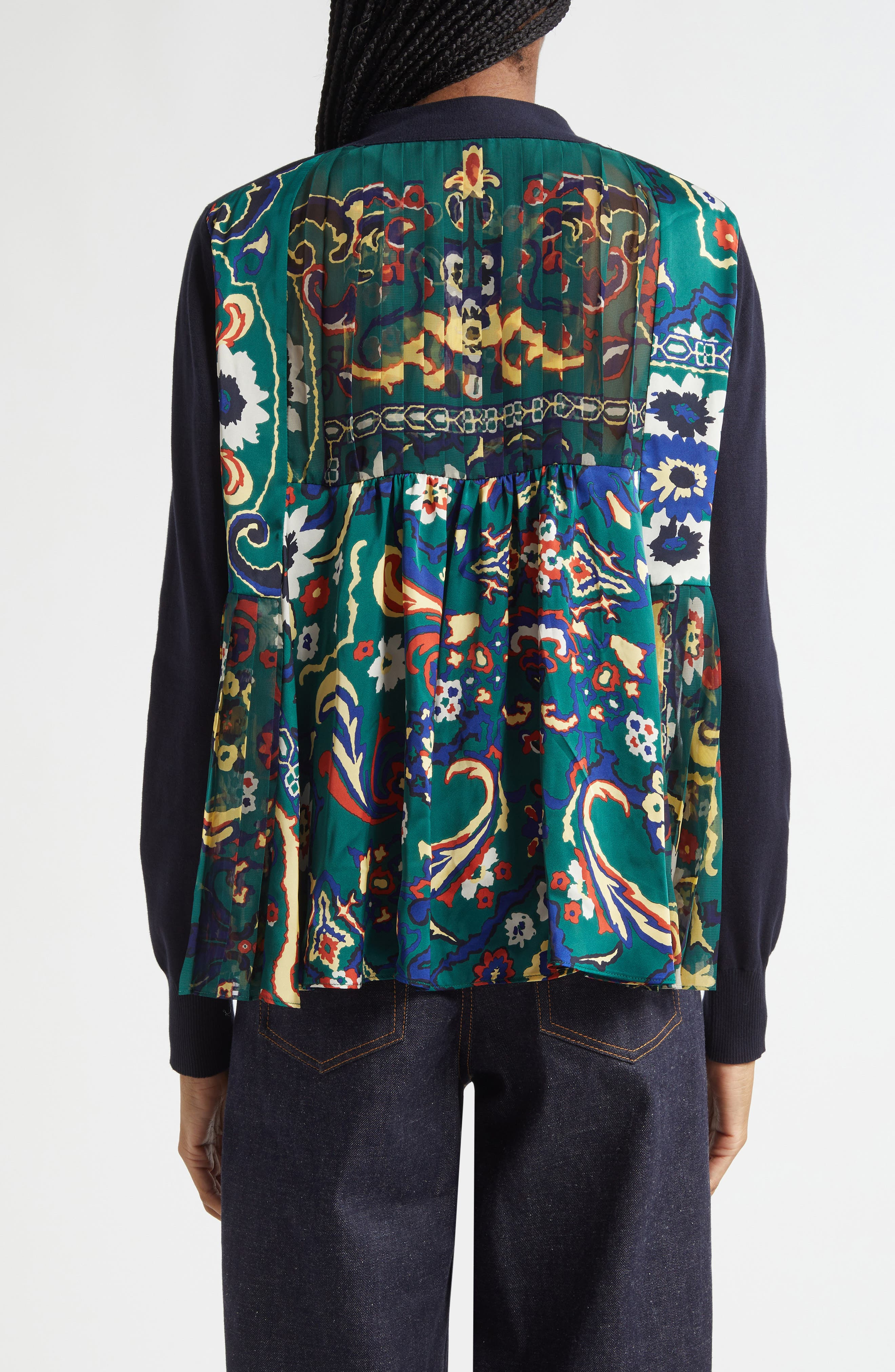 Sacai Floral Panel Mixed Media Cardigan in Navy/Green at Nordstrom - 3