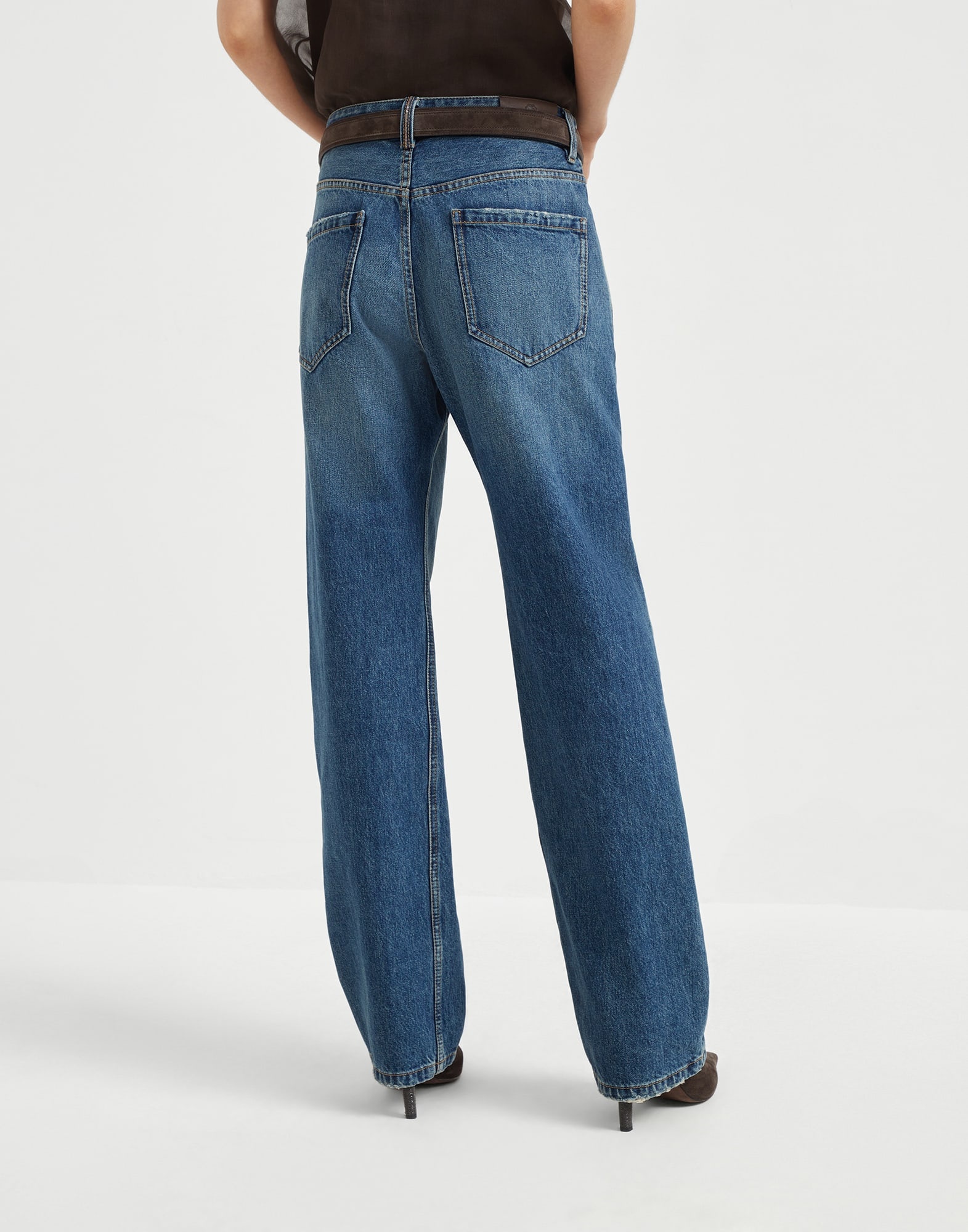 Authentic denim column trousers with monili - 2