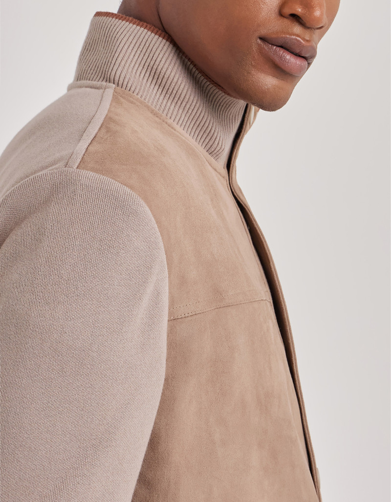 CARAMEL MIXED-MATERIAL ULTRALIGHT SUEDE BOMBER JACKET WITH KNIT INSERTS 6