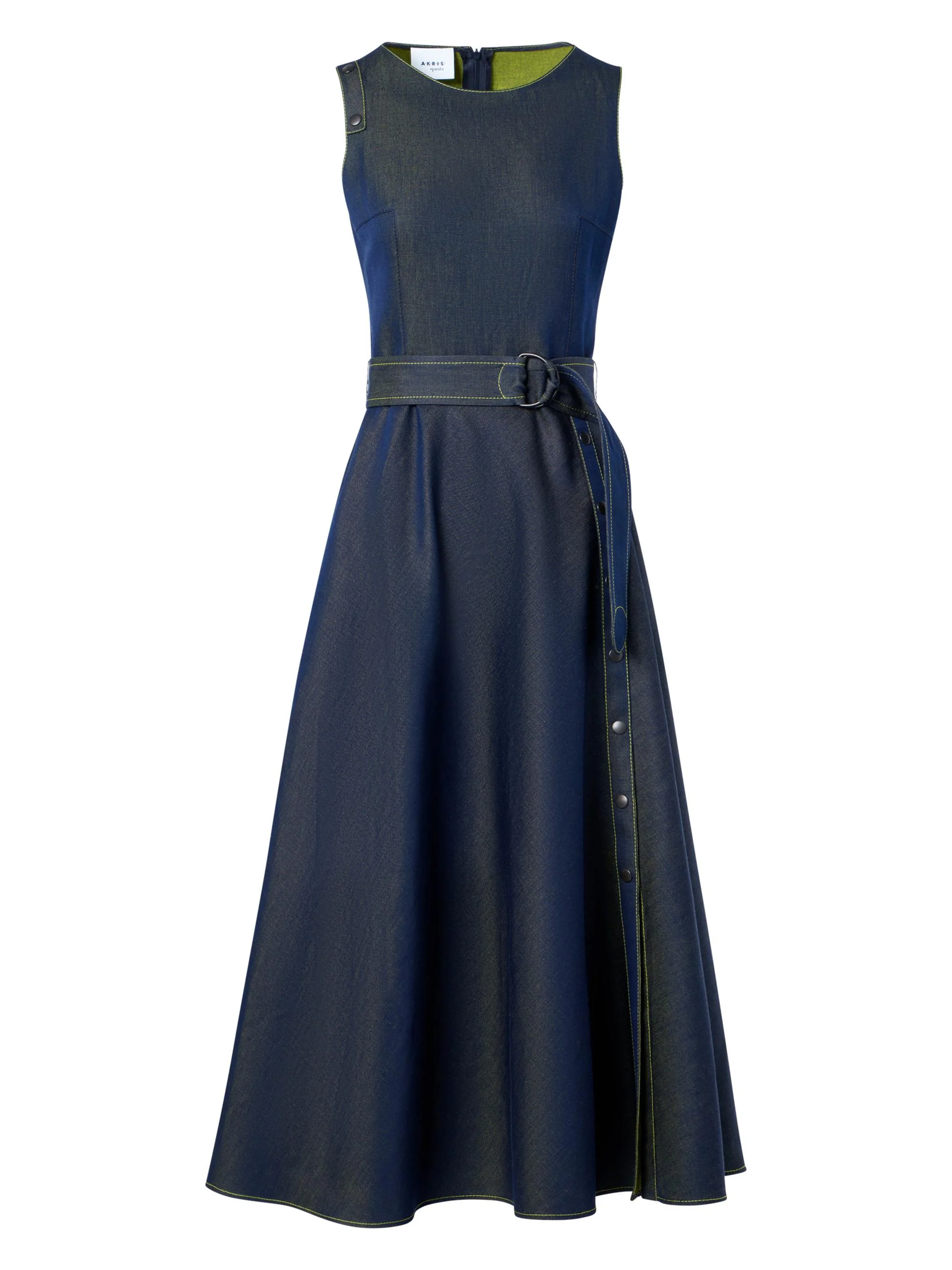 Women's Denim Belted Sleeveless Midi-Dress - Medium Blue Denim Lemon - 1