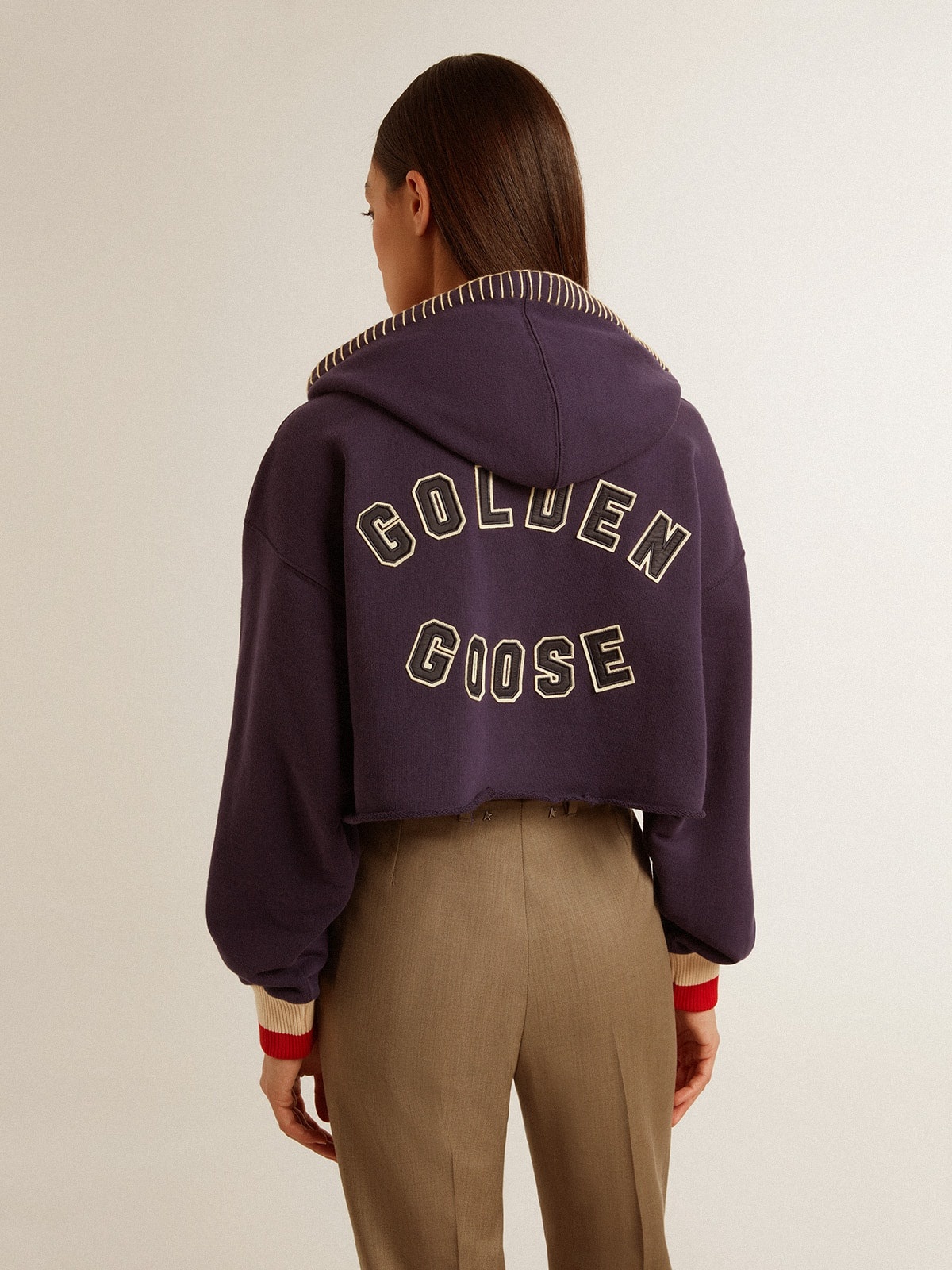 Dark blue cropped sweatshirt with zip fastening and embroidered hood - 4