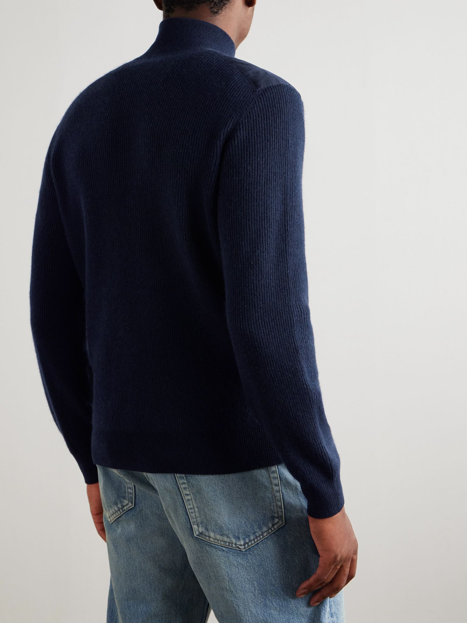 Cotton Twill-Trimmed Ribbed Cashmere Zip-Up Cardigan Navy - 4