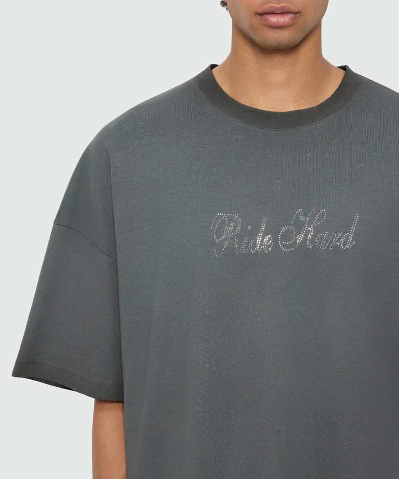 Anthracite grey short-sleeve cotton jersey T-shirt with rhinestone lettering on the front 5