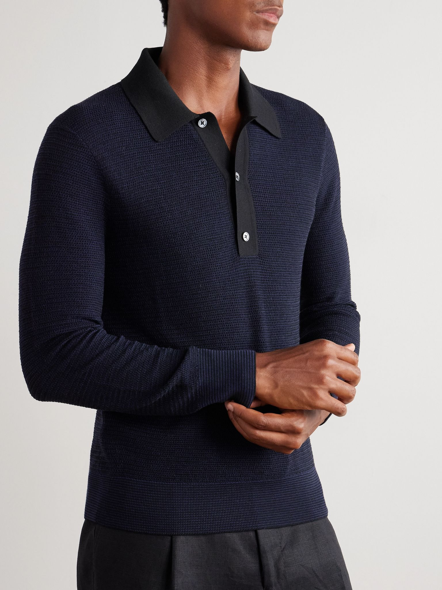 Slim-Fit Waffle-Knit Wool Polo Shirt Navy - 3