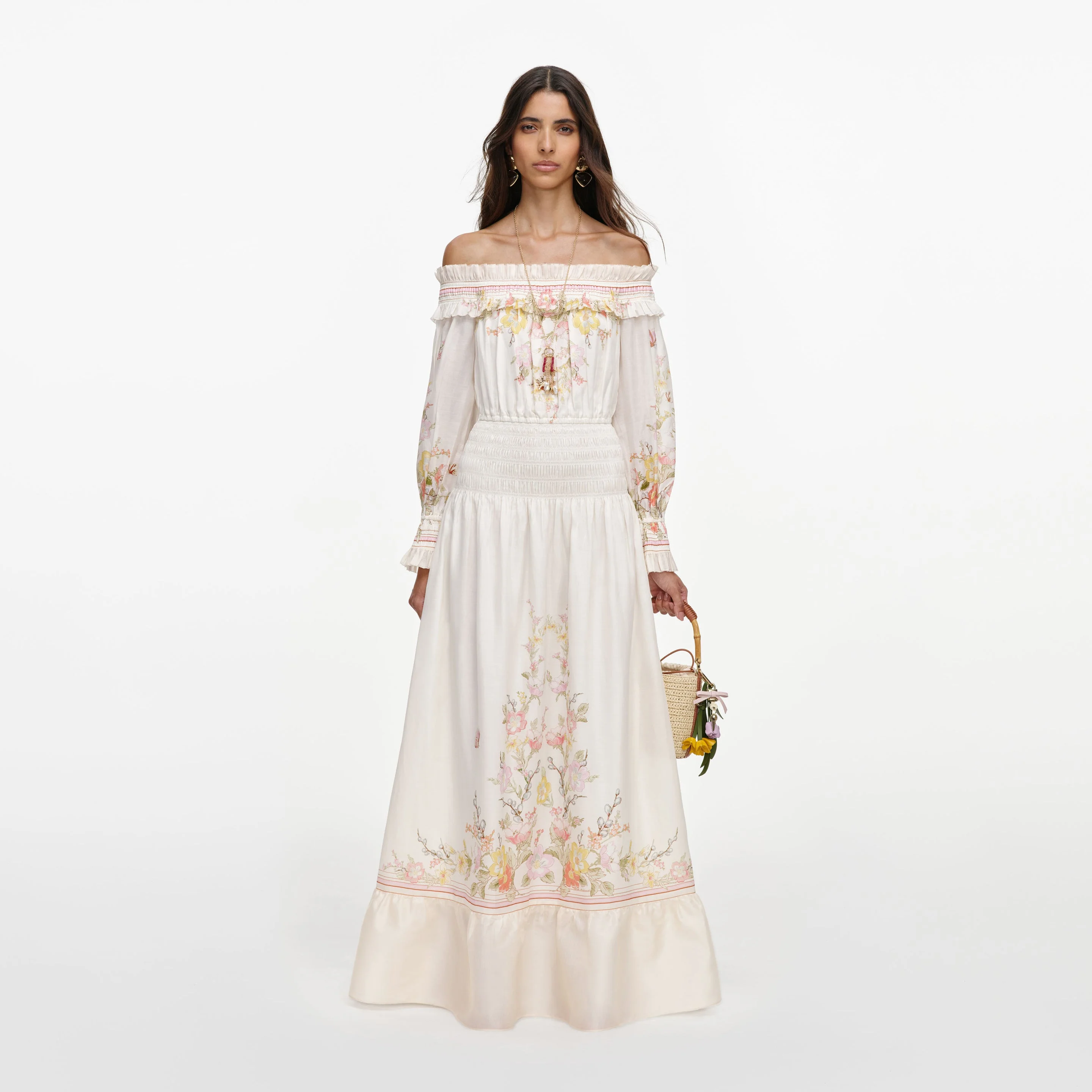 Cream Floral Organza Ruffle Maxi Dress - 1